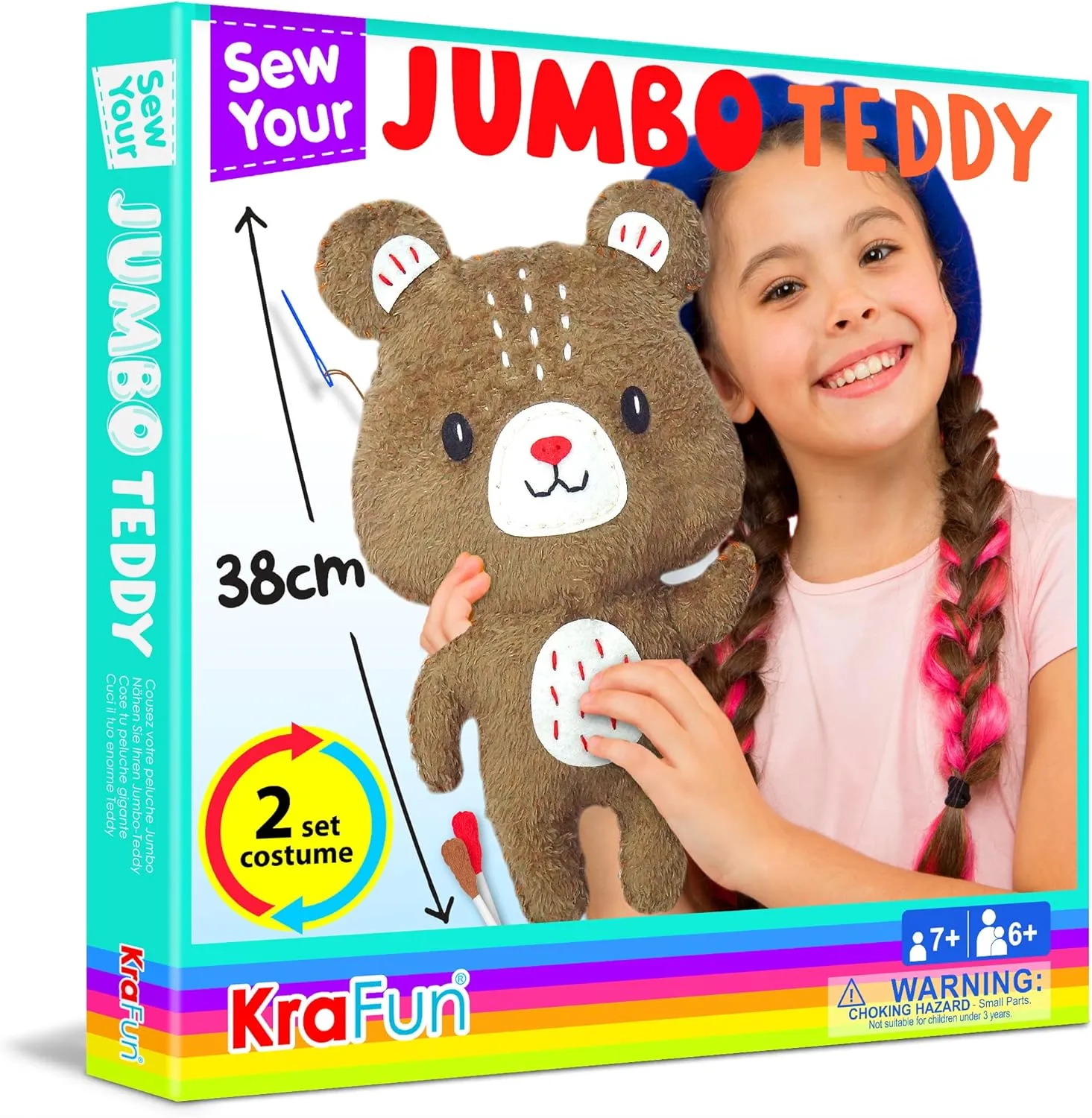 KRAFUN Big Jumbo Teddy Bear Animal Sewing Kit for Age 7-12 Kids Beginner My First Art & Craft, Make 1 Stuffed Doll with 2 Costumes, Instructions & Plush Felt Materials for Learn to Sew