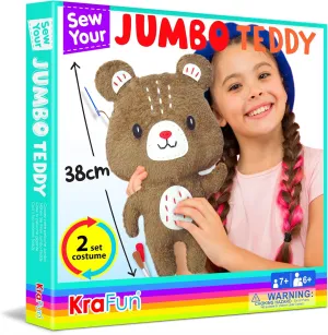 KRAFUN Big Jumbo Teddy Bear Animal Sewing Kit for Age 7-12 Kids Beginner My First Art & Craft, Make 1 Stuffed Doll with 2 Costumes, Instructions & Plush Felt Materials for Learn to Sew