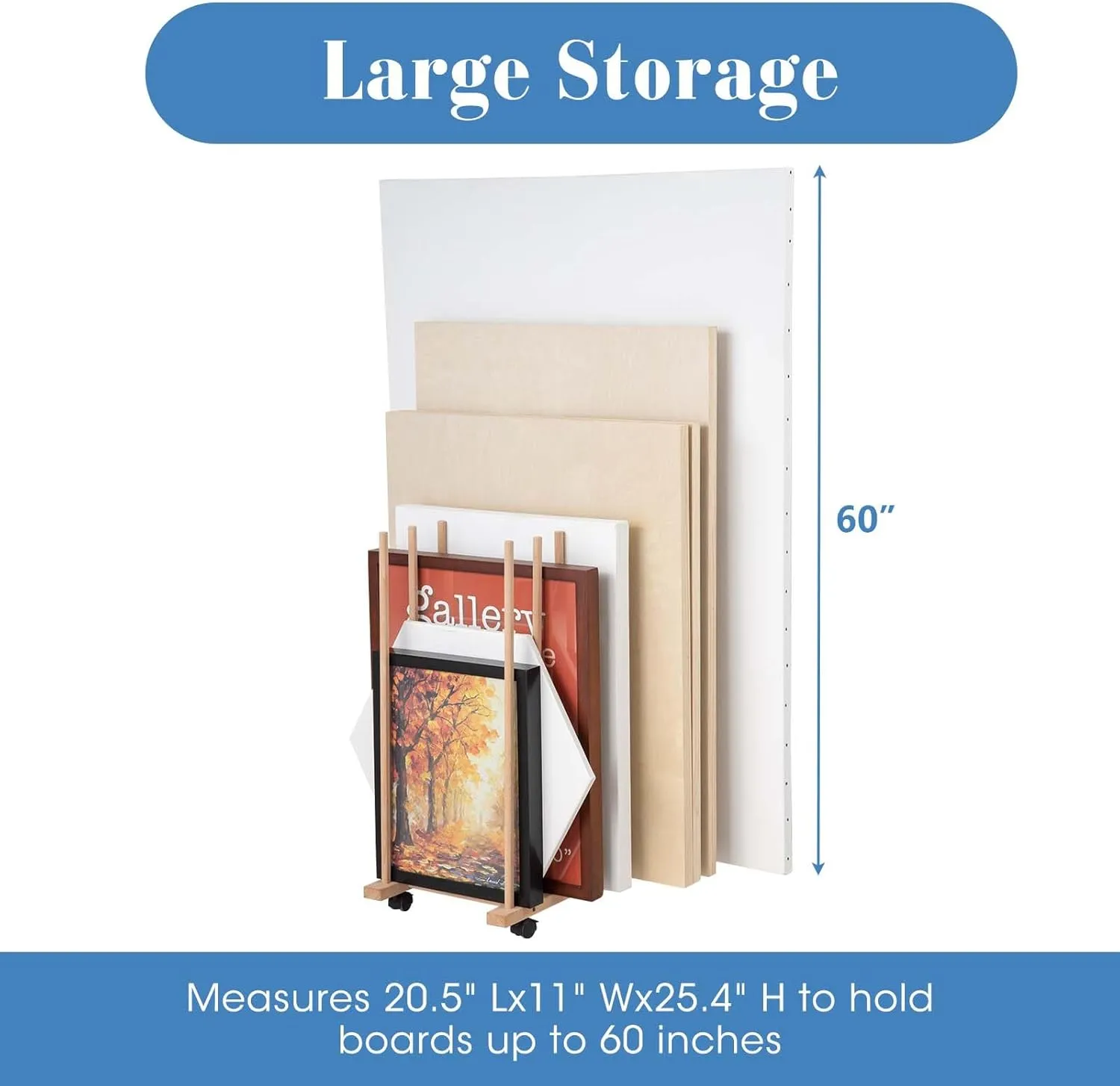 Large Art Storage Rack with Four Caster Wheels - Wooden Canvas Storage Stand Can Well Hold Up to 60" Drawing Boards, Prints, Panels, Paintings, and Artworks Display