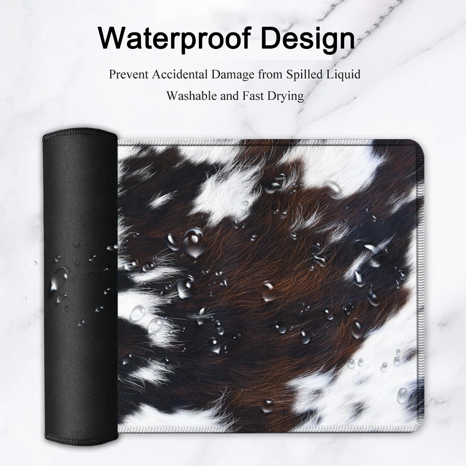 Large Gaming Mouse Pad, Extended Waterproof Desk Pad Protector (31.5" x 11.8") Ergonomics Memory Foam Mouse Wrist Rest Support, for Home Office Laptop Easy Typing, Black & White Cowhide Fur Mouse Mat