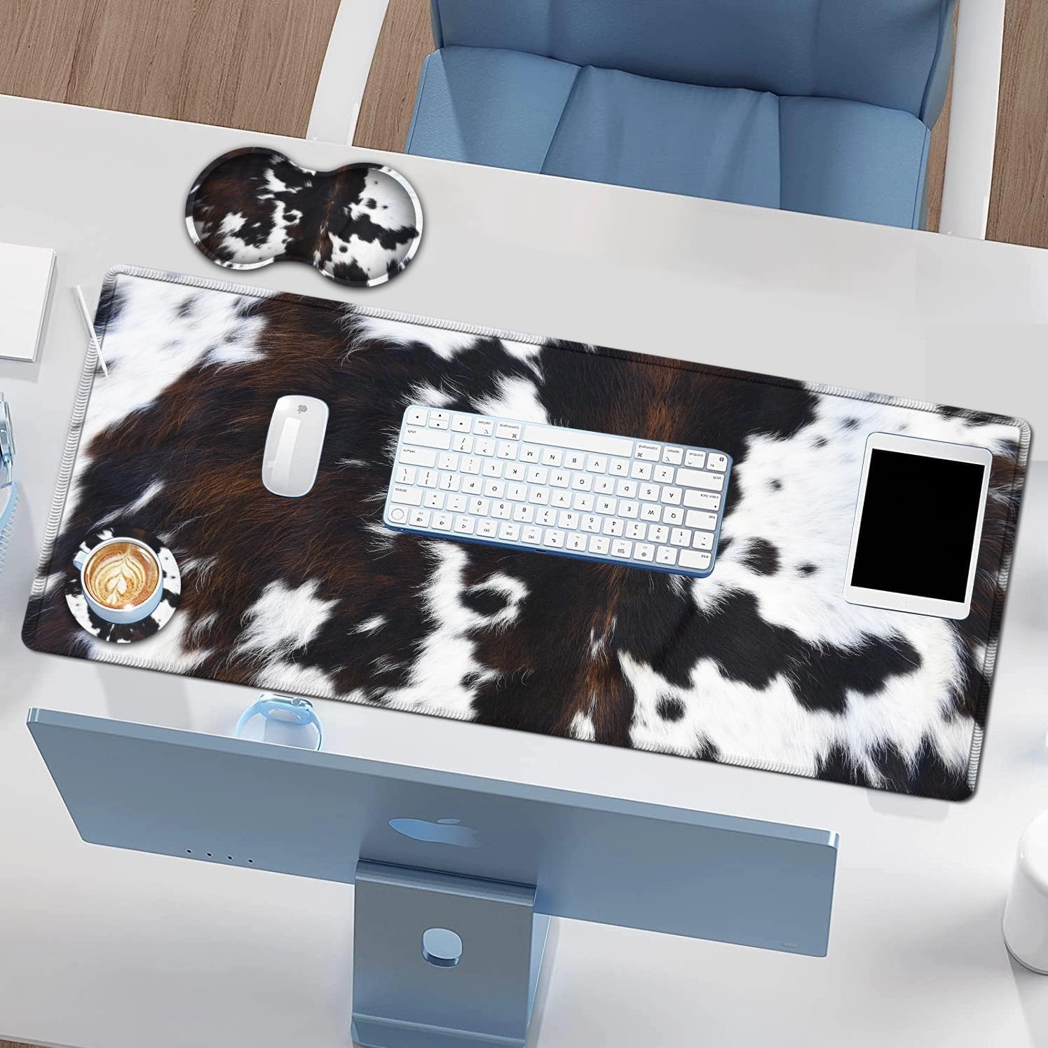 Large Gaming Mouse Pad, Extended Waterproof Desk Pad Protector (31.5" x 11.8") Ergonomics Memory Foam Mouse Wrist Rest Support, for Home Office Laptop Easy Typing, Black & White Cowhide Fur Mouse Mat