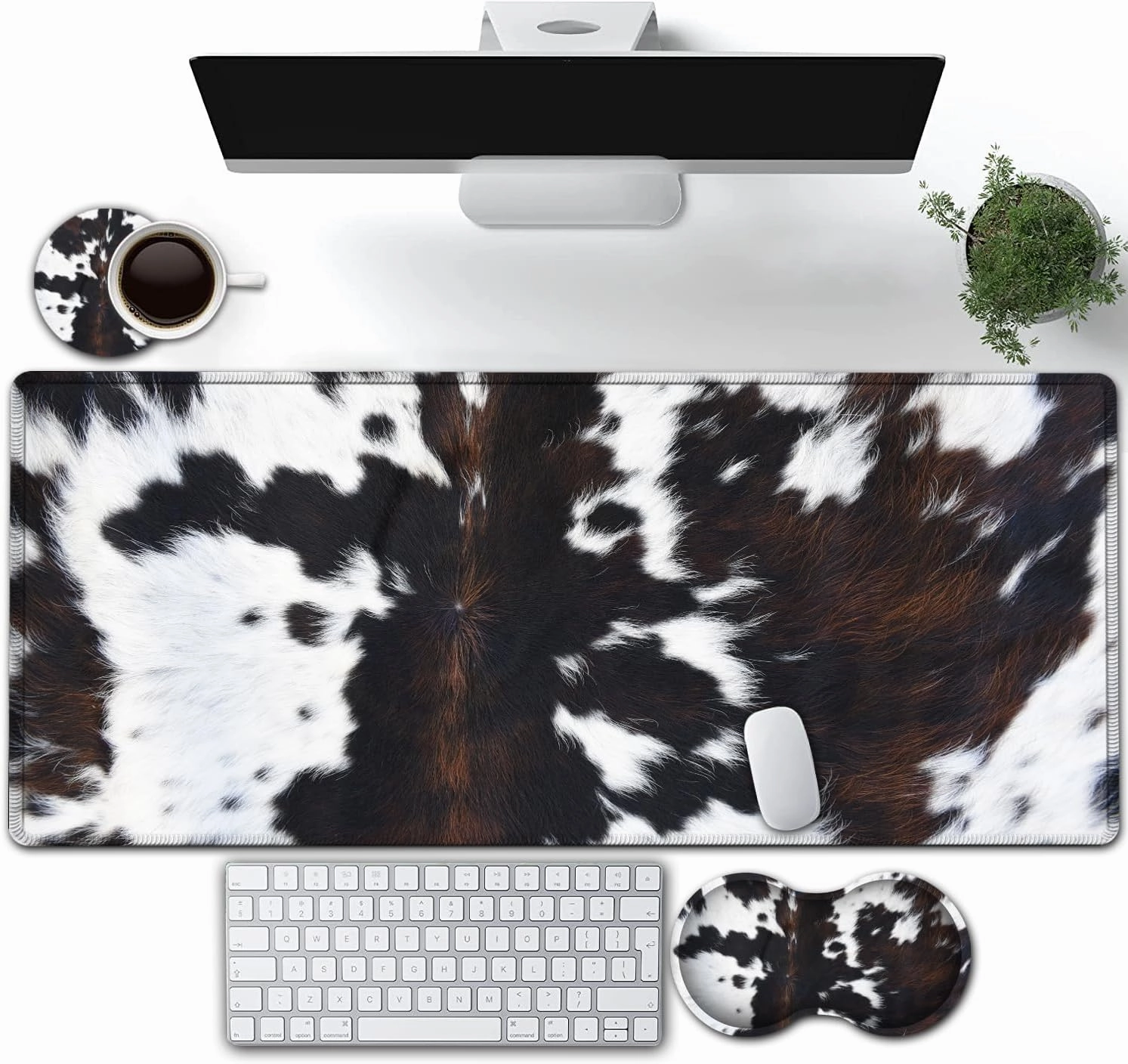 Large Gaming Mouse Pad, Extended Waterproof Desk Pad Protector (31.5" x 11.8") Ergonomics Memory Foam Mouse Wrist Rest Support, for Home Office Laptop Easy Typing, Black & White Cowhide Fur Mouse Mat