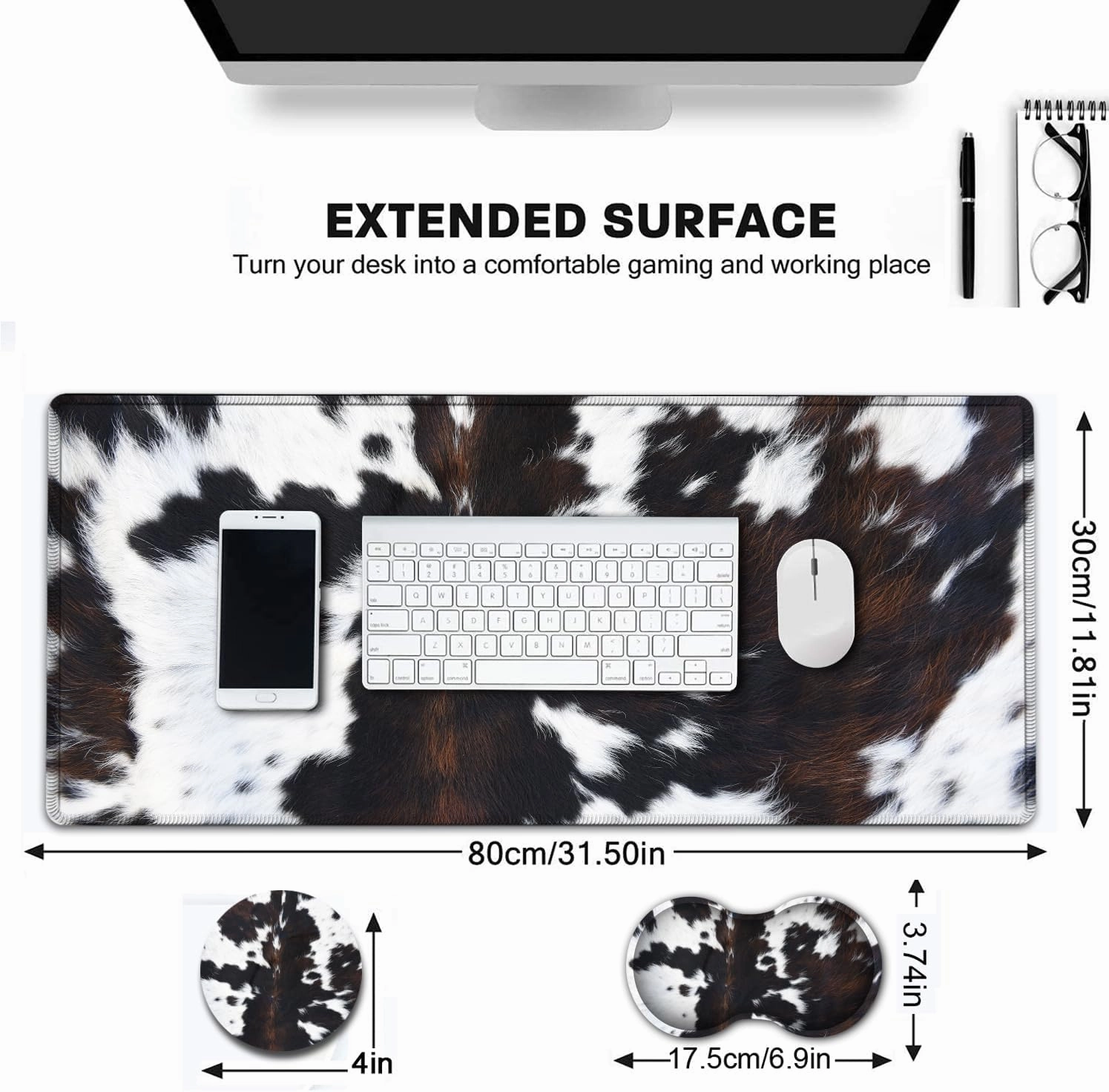 Large Gaming Mouse Pad, Extended Waterproof Desk Pad Protector (31.5" x 11.8") Ergonomics Memory Foam Mouse Wrist Rest Support, for Home Office Laptop Easy Typing, Black & White Cowhide Fur Mouse Mat