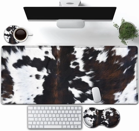 Large Gaming Mouse Pad, Extended Waterproof Desk Pad Protector (31.5" x 11.8") Ergonomics Memory Foam Mouse Wrist Rest Support, for Home Office Laptop Easy Typing, Black & White Cowhide Fur Mouse Mat