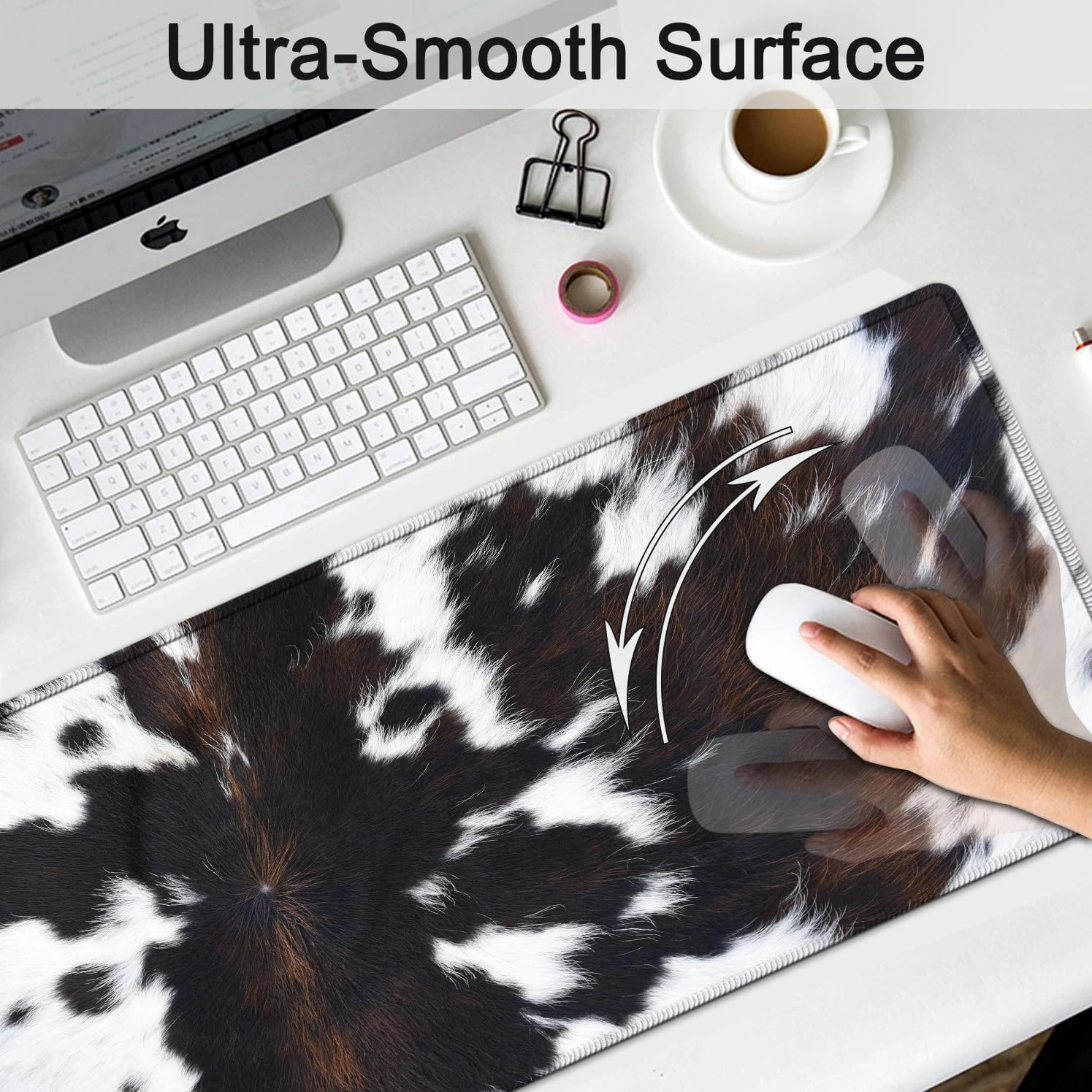 Large Gaming Mouse Pad, Extended Waterproof Desk Pad Protector (31.5" x 11.8") Ergonomics Memory Foam Mouse Wrist Rest Support, for Home Office Laptop Easy Typing, Black & White Cowhide Fur Mouse Mat