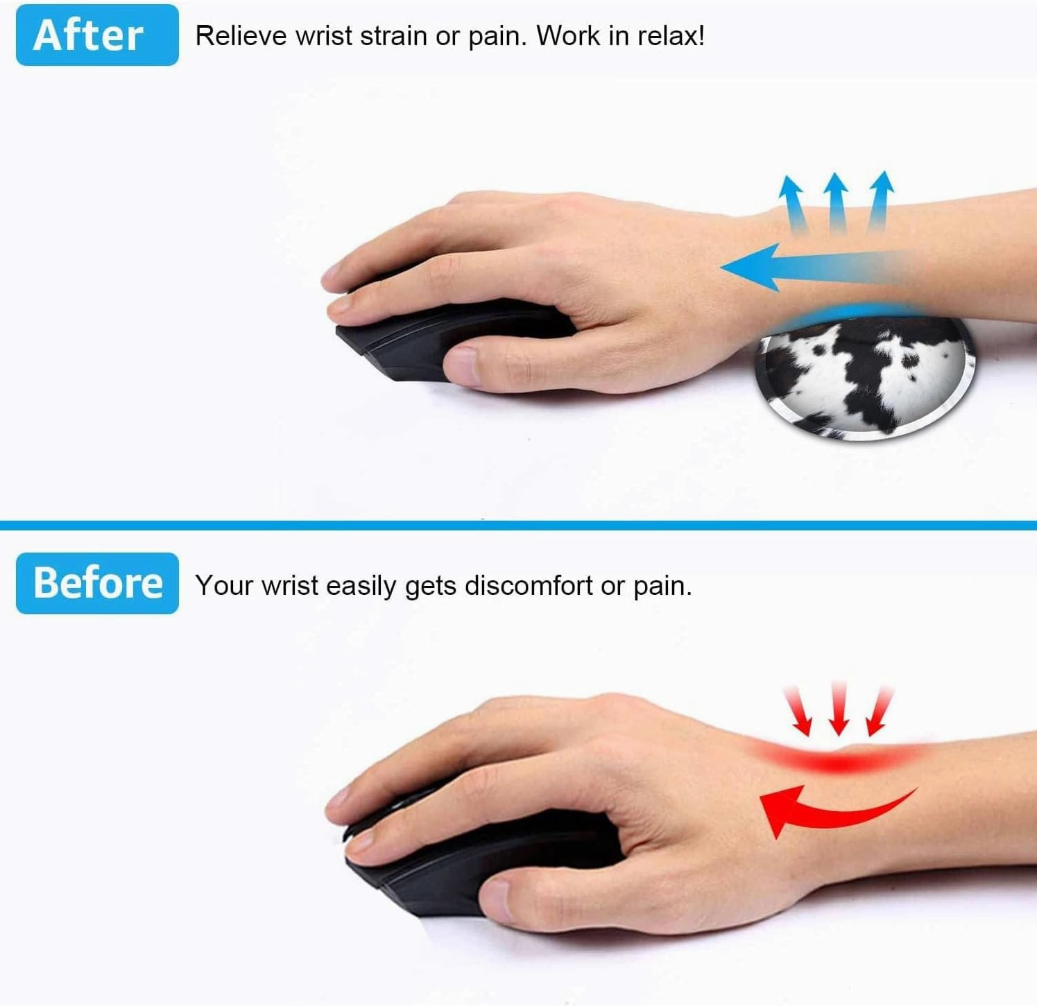 Large Gaming Mouse Pad, Extended Waterproof Desk Pad Protector (31.5" x 11.8") Ergonomics Memory Foam Mouse Wrist Rest Support, for Home Office Laptop Easy Typing, Black & White Cowhide Fur Mouse Mat