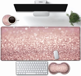 Large Gaming Mouse Pad, Extended Waterproof Desk Pad Protector (31.5" x 11.8") Ergonomics Memory Foam Mouse Wrist Rest Support, for Home Office Laptop Easy Typing, Pink Gilt XXL Pink Mouse Mat