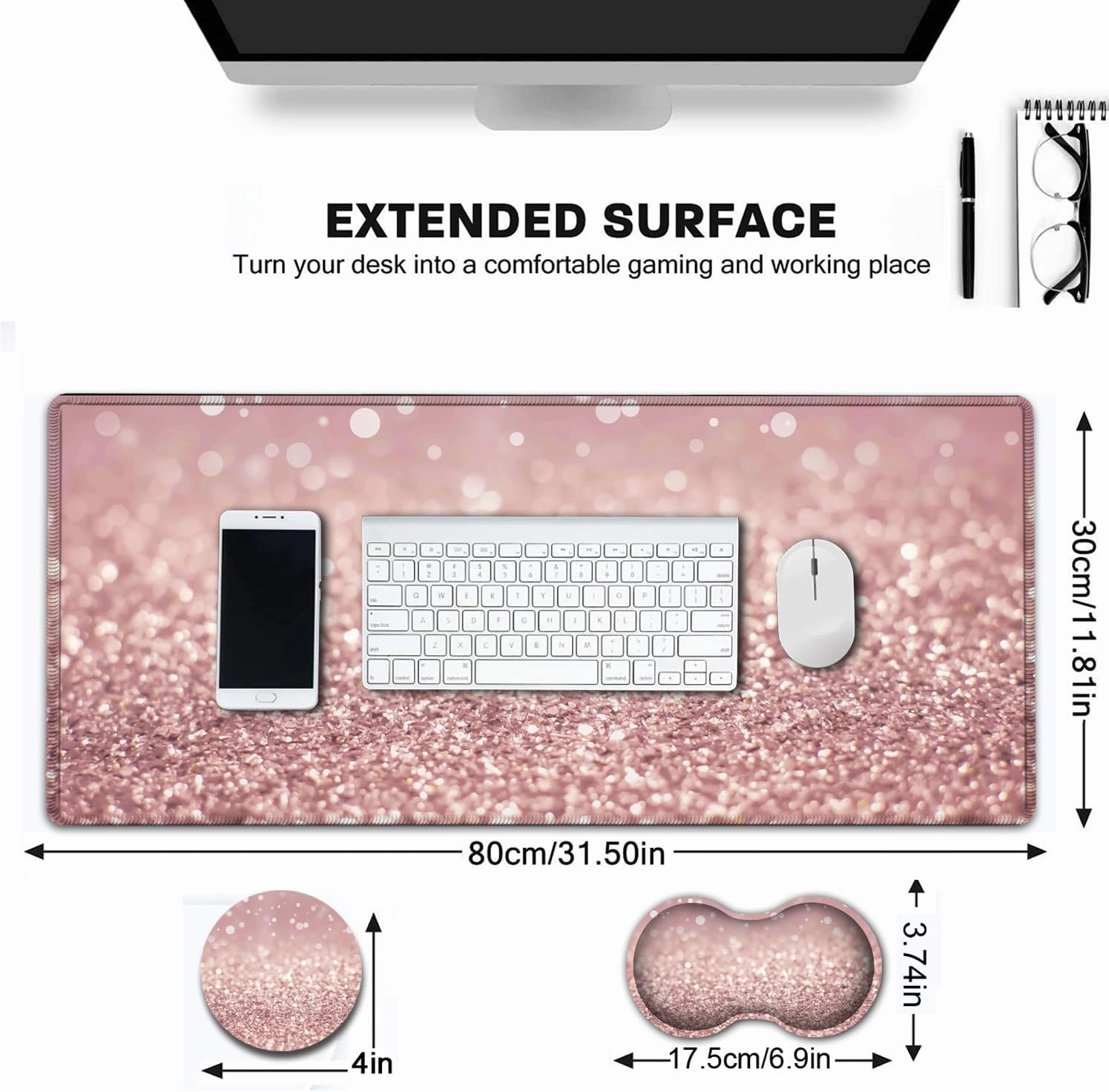 Large Gaming Mouse Pad, Extended Waterproof Desk Pad Protector (31.5" x 11.8") Ergonomics Memory Foam Mouse Wrist Rest Support, for Home Office Laptop Easy Typing, Pink Gilt XXL Pink Mouse Mat