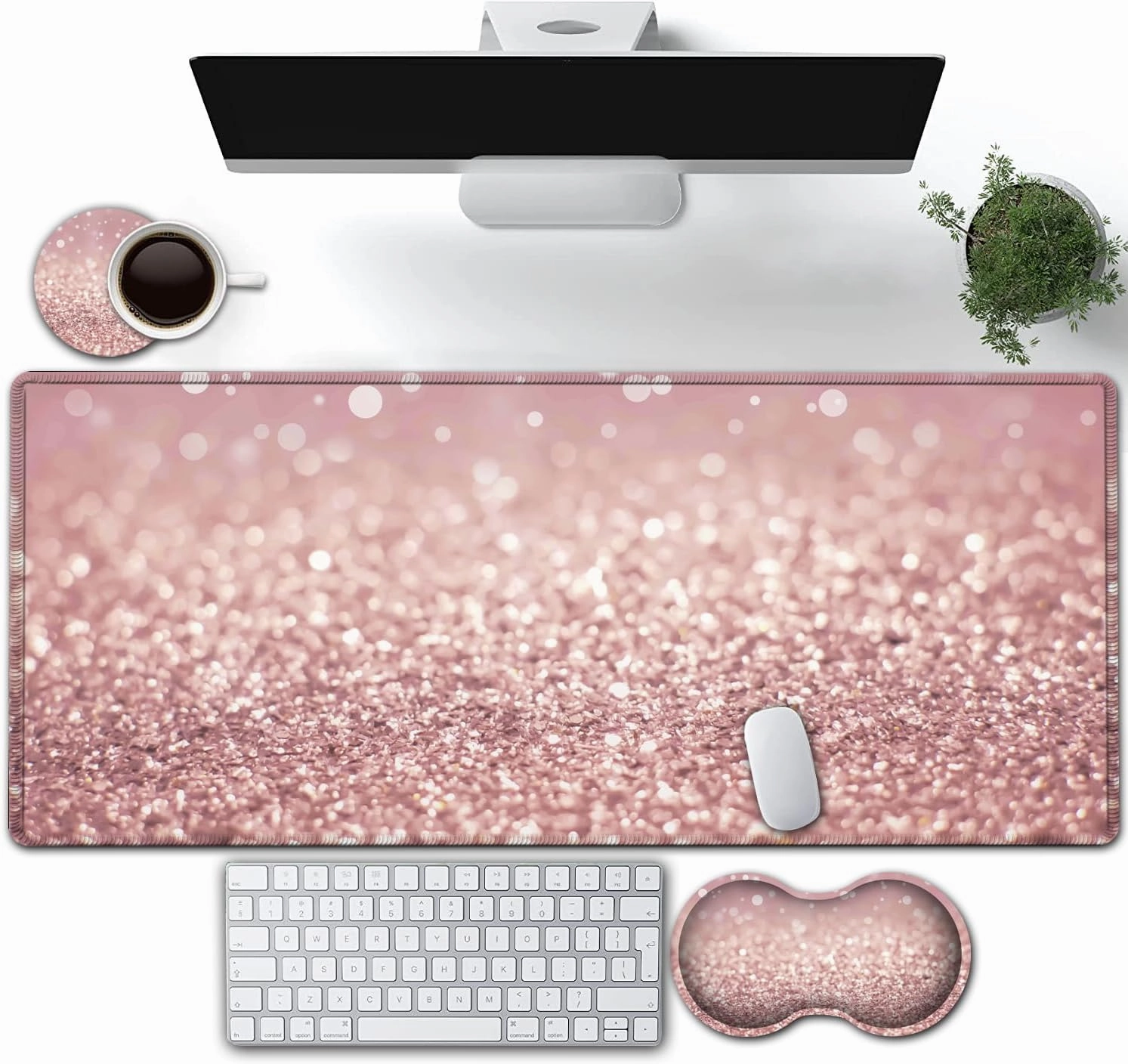 Large Gaming Mouse Pad, Extended Waterproof Desk Pad Protector (31.5" x 11.8") Ergonomics Memory Foam Mouse Wrist Rest Support, for Home Office Laptop Easy Typing, Pink Gilt XXL Pink Mouse Mat