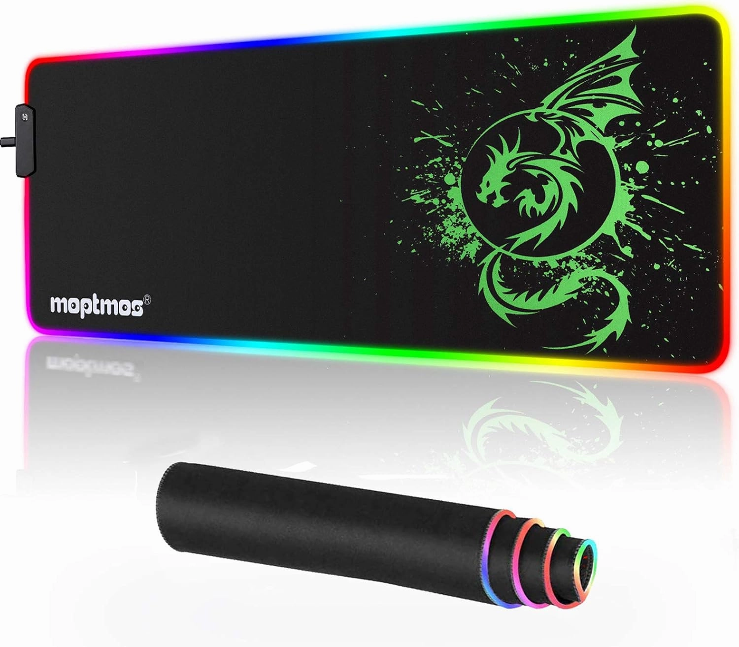 Large RGB Mouse Pad Anime Dragon Mouse Mat LED with 15 Lighting Modes for Gaming 31.5 X 12 Inch (Green)