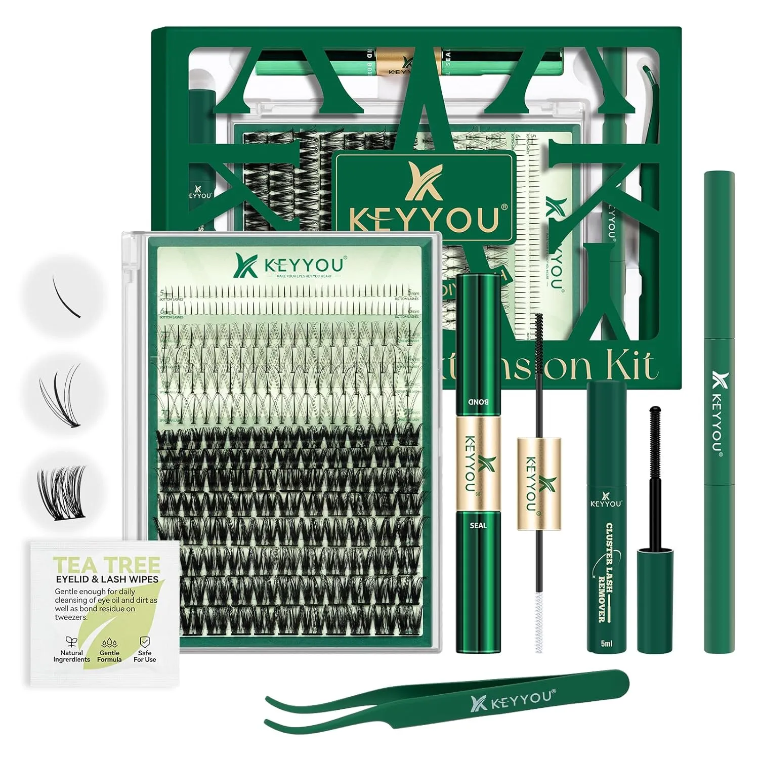 Lash Extension Kit Mixed 5-16mm Eyelash Extension Kit with Bottom Lashes Multi-Type Lash Clusters with Bond and Seal Applicator and Remover DIY at Home