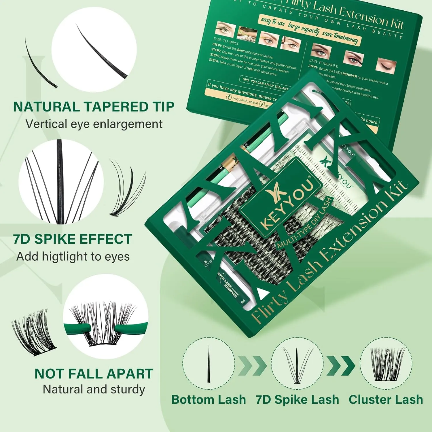 Lash Extension Kit Mixed 5-16mm Eyelash Extension Kit with Bottom Lashes Multi-Type Lash Clusters with Bond and Seal Applicator and Remover DIY at Home
