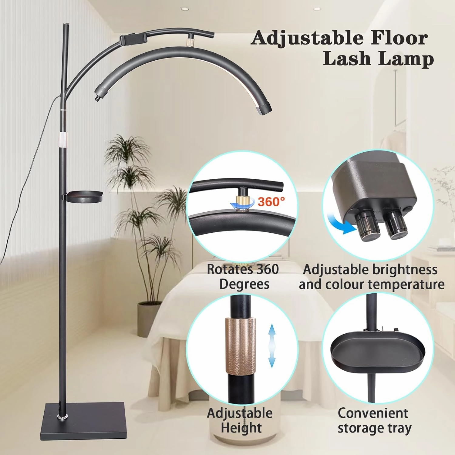 Lash Light - Lash Lamp for Eyelash Extensions - Adjustable LED Floor Eyelash Light - Black