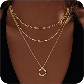Layered Gold Necklaces for Women,Stackable Dainty 14K Gold Silver Plated Trendy Circle Paperclip Chain Pendant Choker Necklace,Simpl Diamond Cross Bow Jewelry Set Gifts for Women