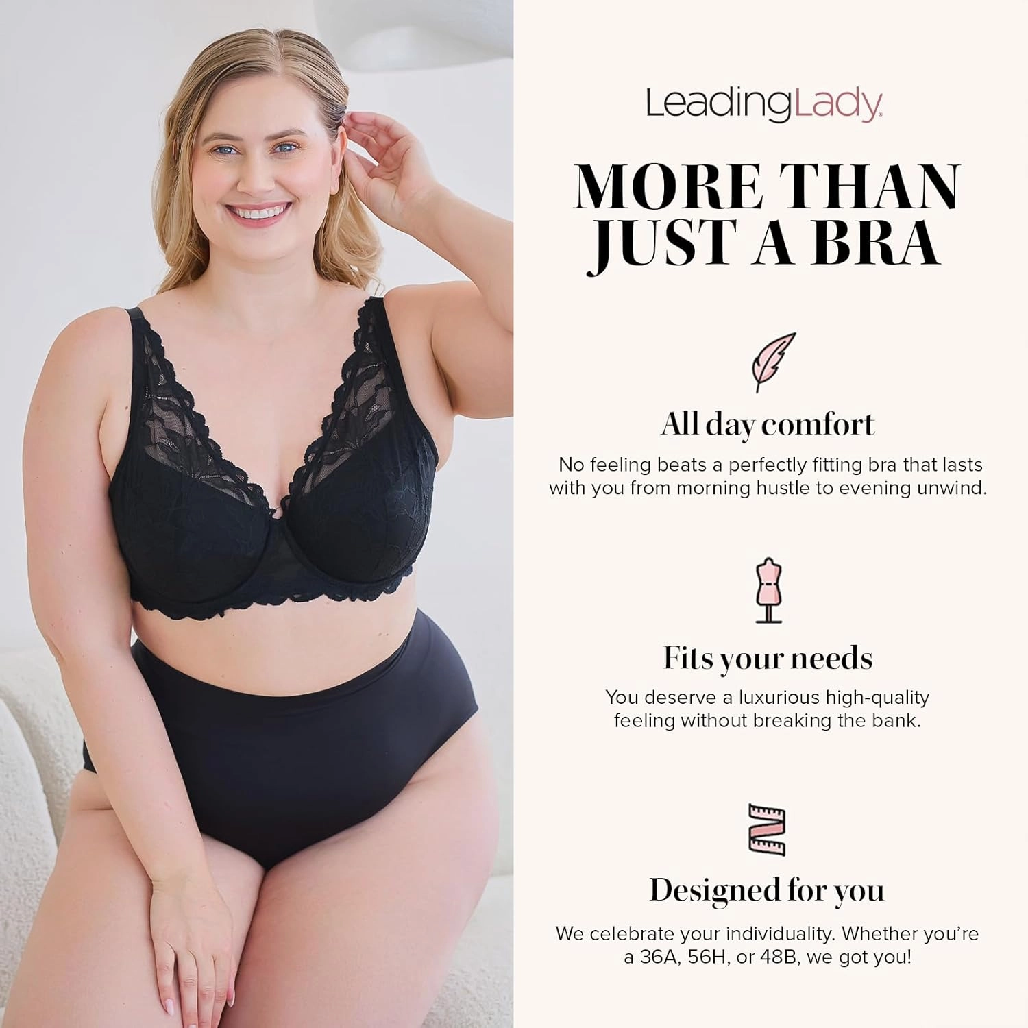 Leading Lady, The Willow, Underwire Bra for Women, Lace Design, Adjustable Straps, Foam Cups, Full Coverage, Plunge Bra