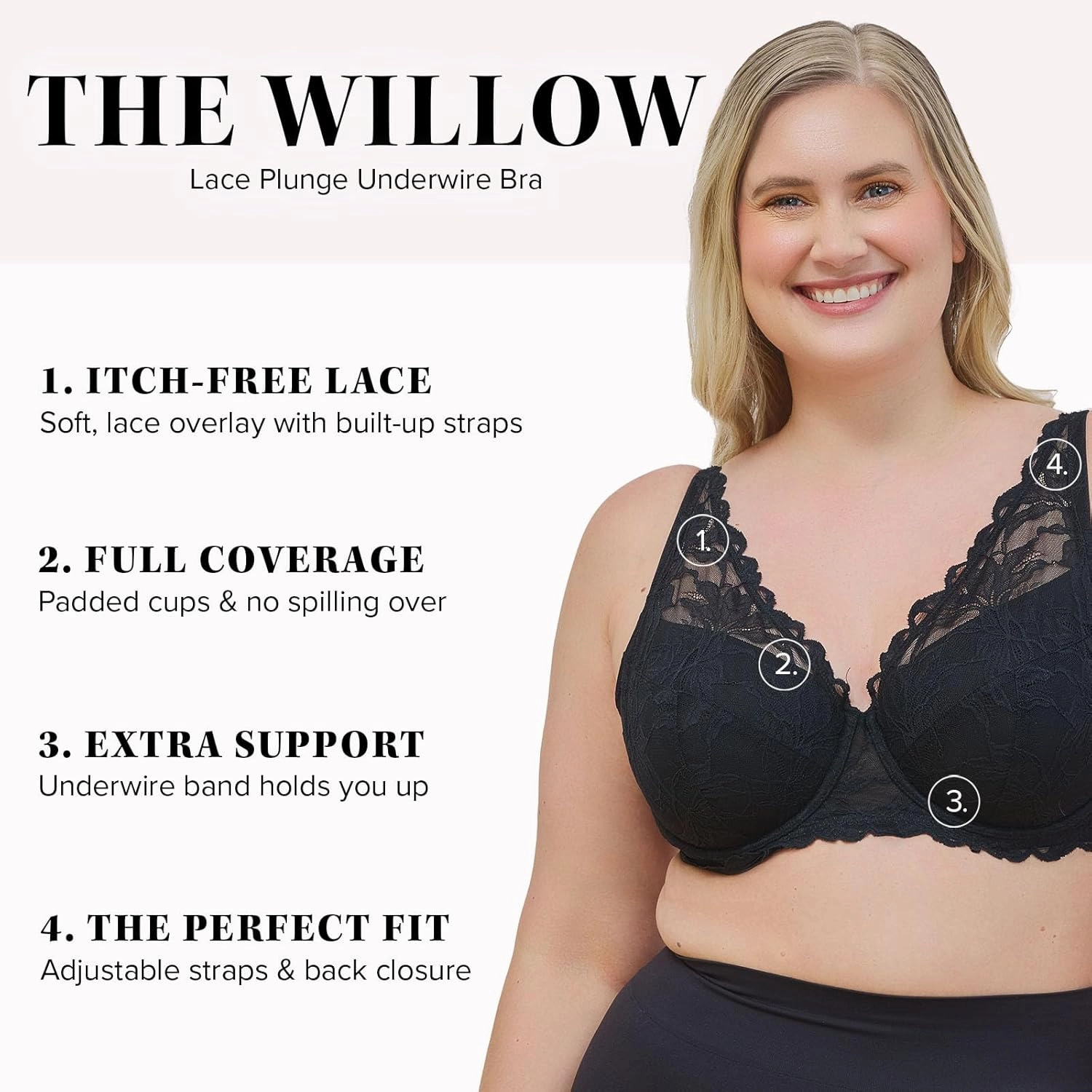 Leading Lady, The Willow, Underwire Bra for Women, Lace Design, Adjustable Straps, Foam Cups, Full Coverage, Plunge Bra