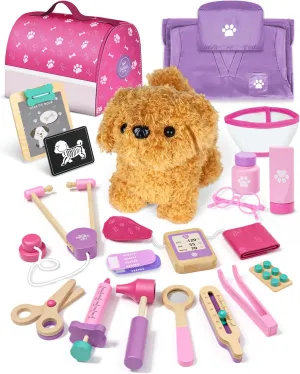 Lehoo Castle Toys for 3 4 Years Old Girls, Vet Play Sets, Wooden Doctor Kit for Toddlers 3-5 Pink, Pretend Play Dr Kits with Puppy, Dog Bag, Medical Accessories