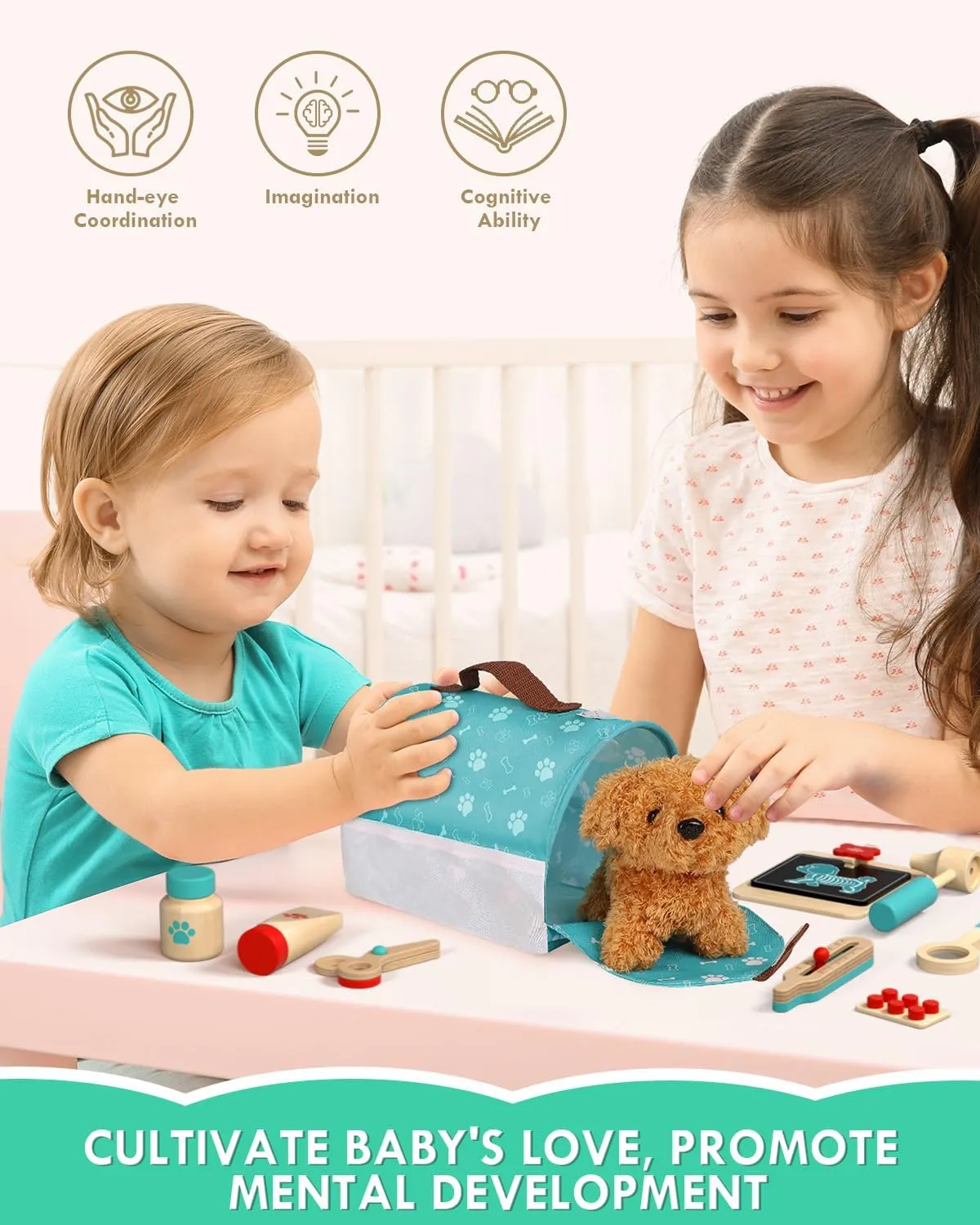 Lehoo Castle Wooden Doctor Kit for Kids, Vet Play Sets, Veterinarian Kit Pretend Play Doctor Set with Dog Bag, Medical Kits Doctor Toys Gift for Boys Girls Aged 3 4 5