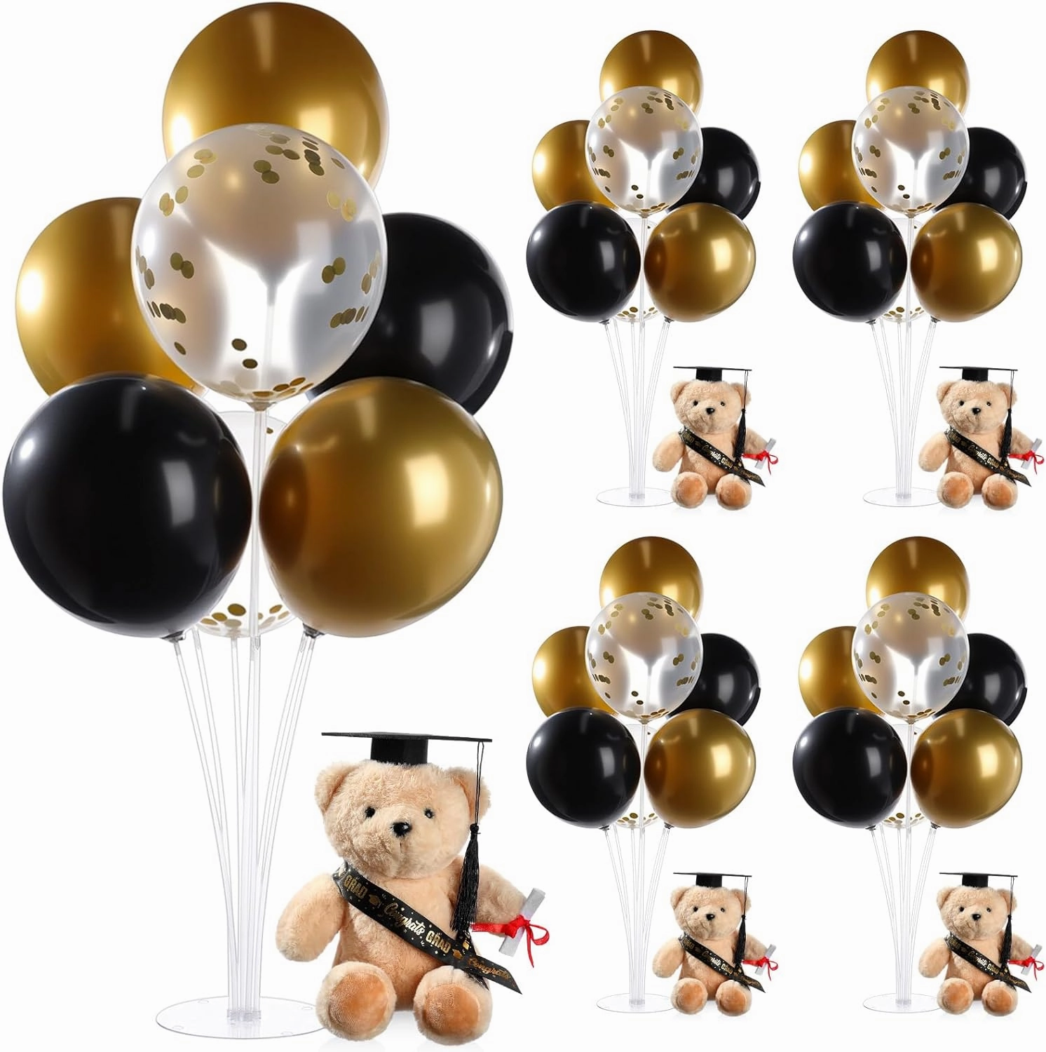 Leinuosen 4 Set Class of 2025 Graduation Bears 9 Inch and Balloon Stand Kit Grad Party Decorations Graduation Stuffed Bears with Diploma Cap Tassel Grad Party Table Centerpieces Decor(Black and Gold)