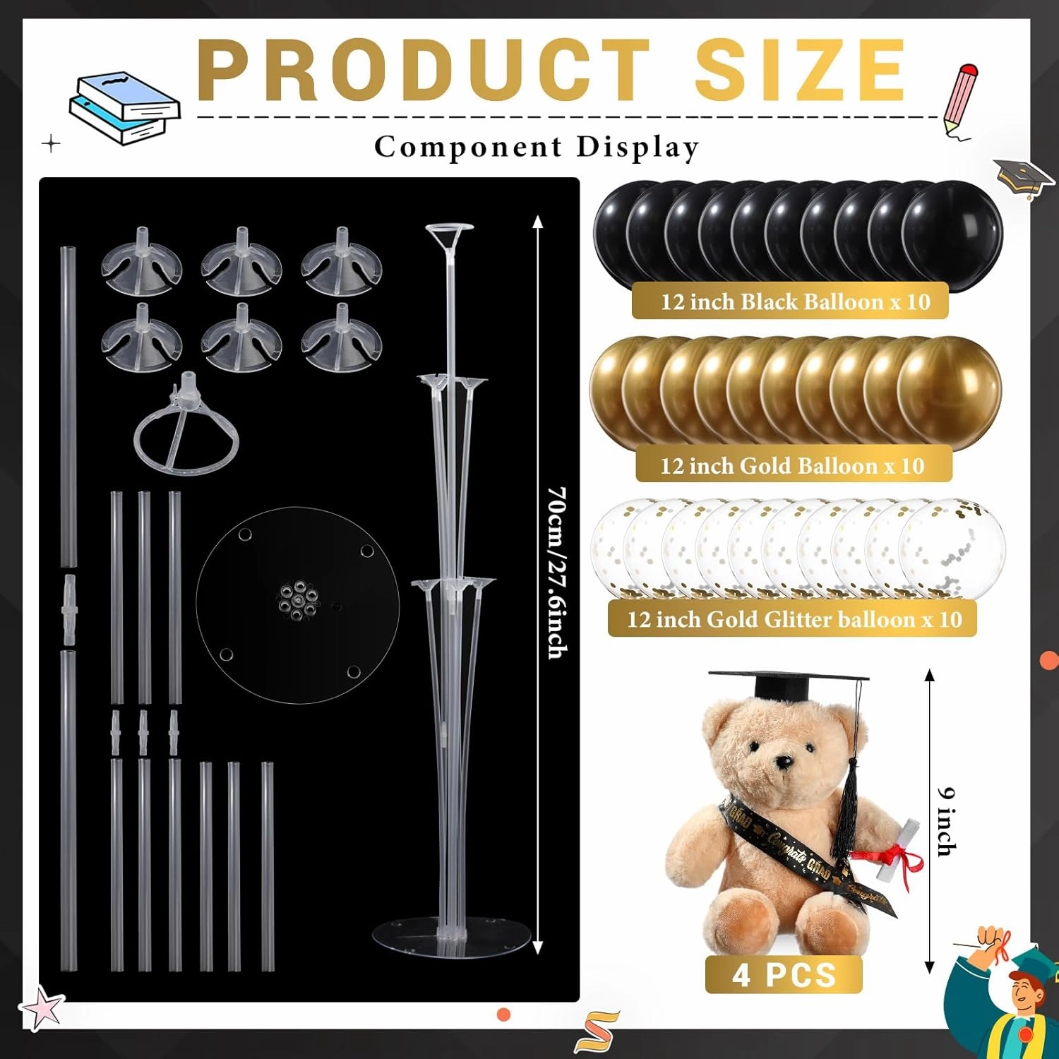 Leinuosen 4 Set Class of 2025 Graduation Bears 9 Inch and Balloon Stand Kit Grad Party Decorations Graduation Stuffed Bears with Diploma Cap Tassel Grad Party Table Centerpieces Decor(Black and Gold)