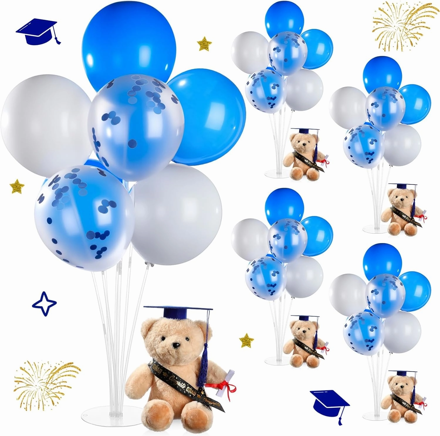 Leinuosen 4 Set Class of 2025 Graduation Bears 9 Inch and Balloon Stand Kit Grad Party Decorations Graduation Stuffed Bears with Diploma Cap Tassel Grad Party Table Centerpieces Decor(Blue)