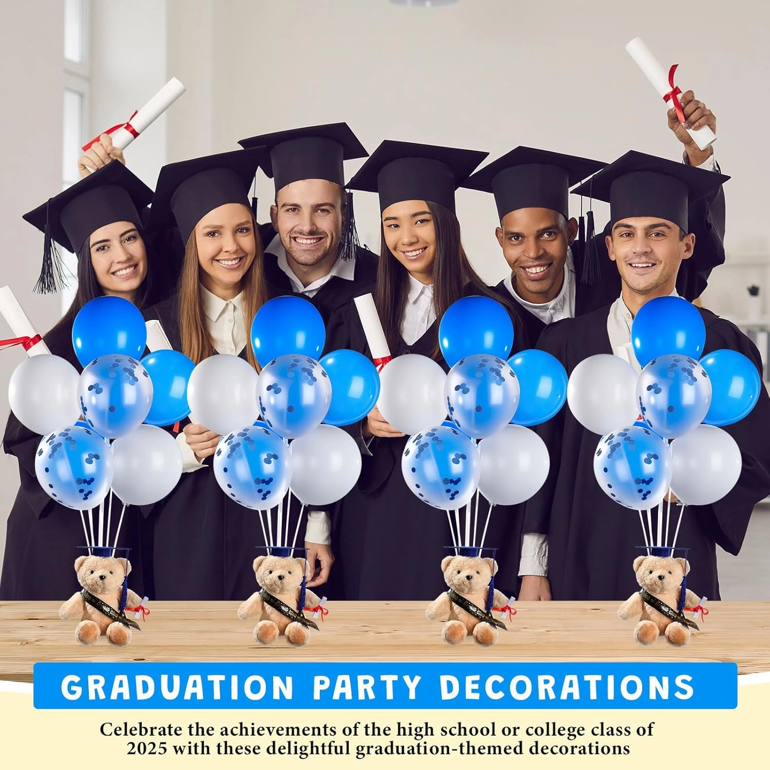Leinuosen 4 Set Class of 2025 Graduation Bears 9 Inch and Balloon Stand Kit Grad Party Decorations Graduation Stuffed Bears with Diploma Cap Tassel Grad Party Table Centerpieces Decor(Blue)