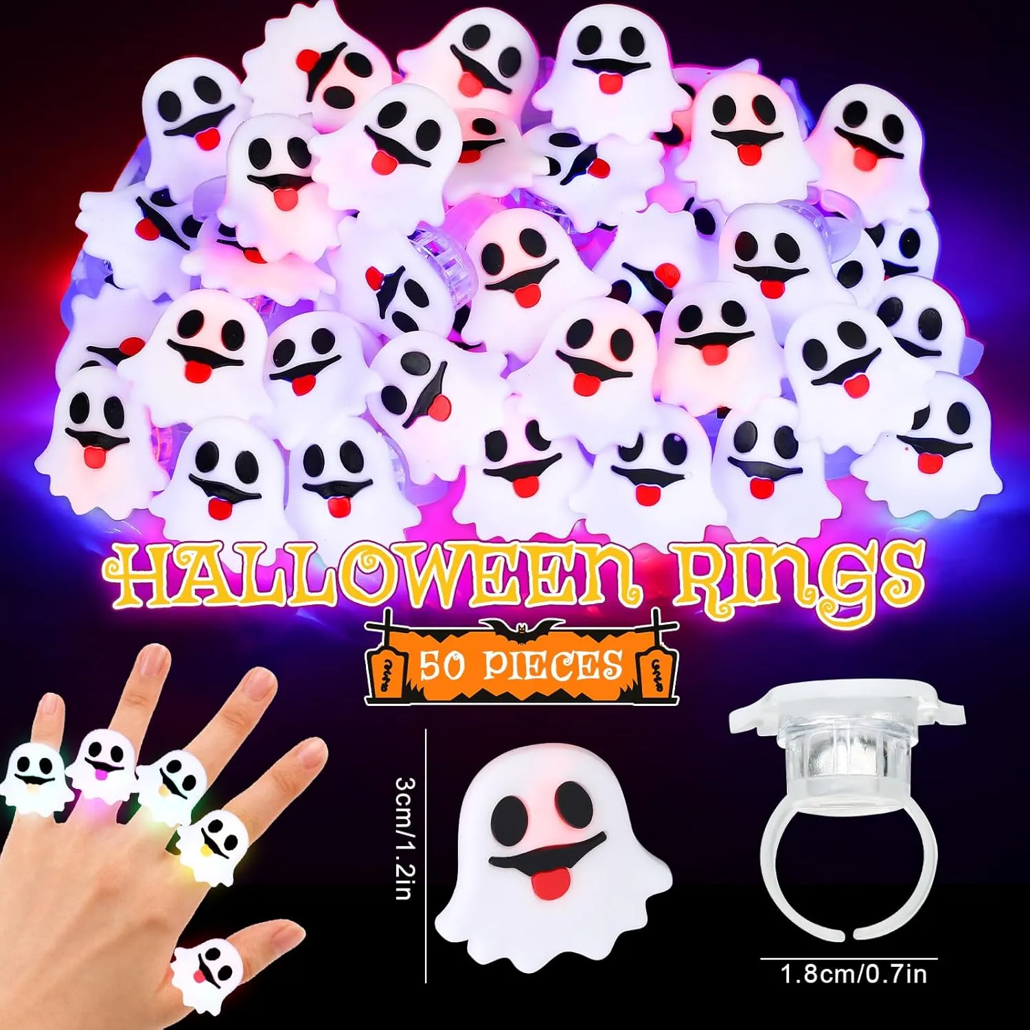 Leitee 50 Pcs Flashing LED Bumpy Rings Colorful Light up Glow Jelly Rings for Party Class Games Prizes Halloween Valentines Glow in the Dark Party Supplies