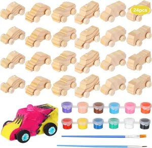 Lenwen 24 Pcs Wood DIY Car Toys for Party Unfinished Wooden Cars, Wooden Toy Cars Crafts with 12 Color Acrylic Paint for Students Girls Boys Home Activities Craft Projects Woodworking (Cute)