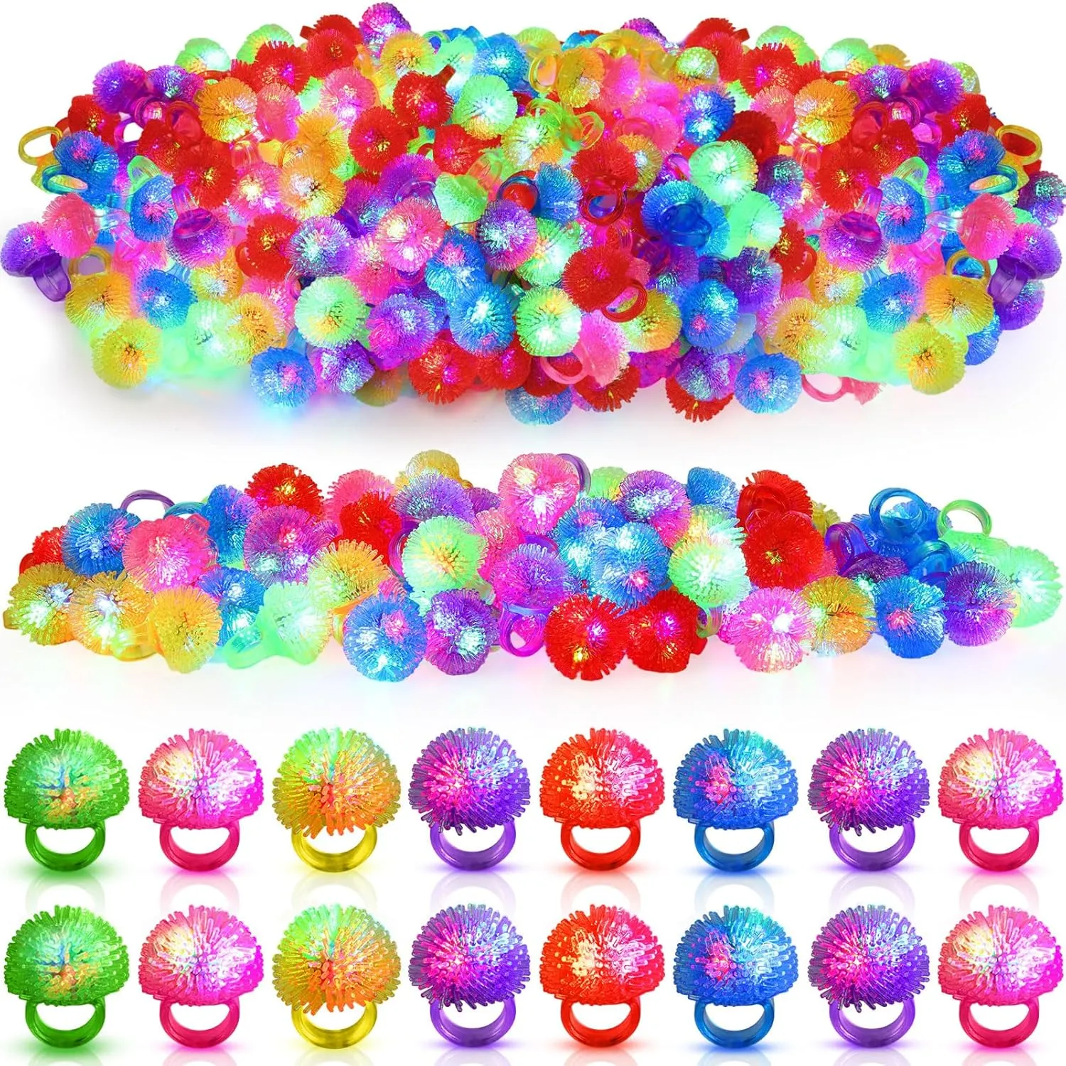 Leyndo 150 Pcs LED Light up Rings Bumpy Jelly Rubber Rings, Glow Ring LED Glow in The Dark Party Favors Finger Lights for Kids Birthday Christmas Party Supplies Concert Shows (Colorful Spiky Ball)