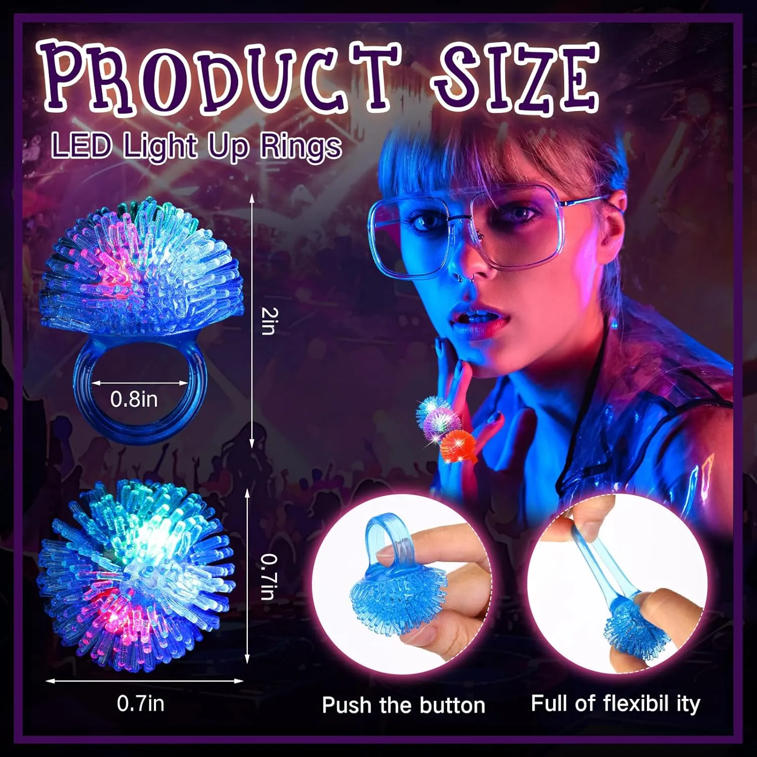 Leyndo 150 Pcs LED Light up Rings Bumpy Jelly Rubber Rings, Glow Ring LED Glow in The Dark Party Favors Finger Lights for Kids Birthday Christmas Party Supplies Concert Shows (Colorful Spiky Ball)