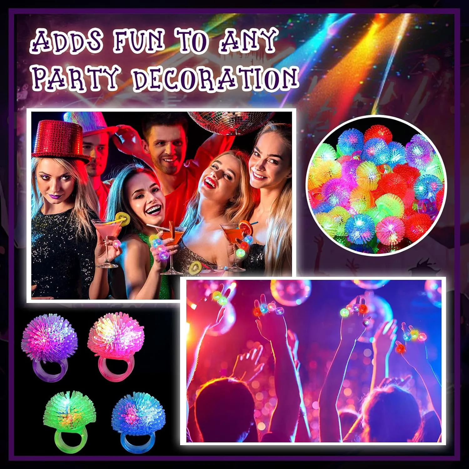Leyndo 150 Pcs LED Light up Rings Bumpy Jelly Rubber Rings, Glow Ring LED Glow in The Dark Party Favors Finger Lights for Kids Birthday Christmas Party Supplies Concert Shows (Colorful Spiky Ball)