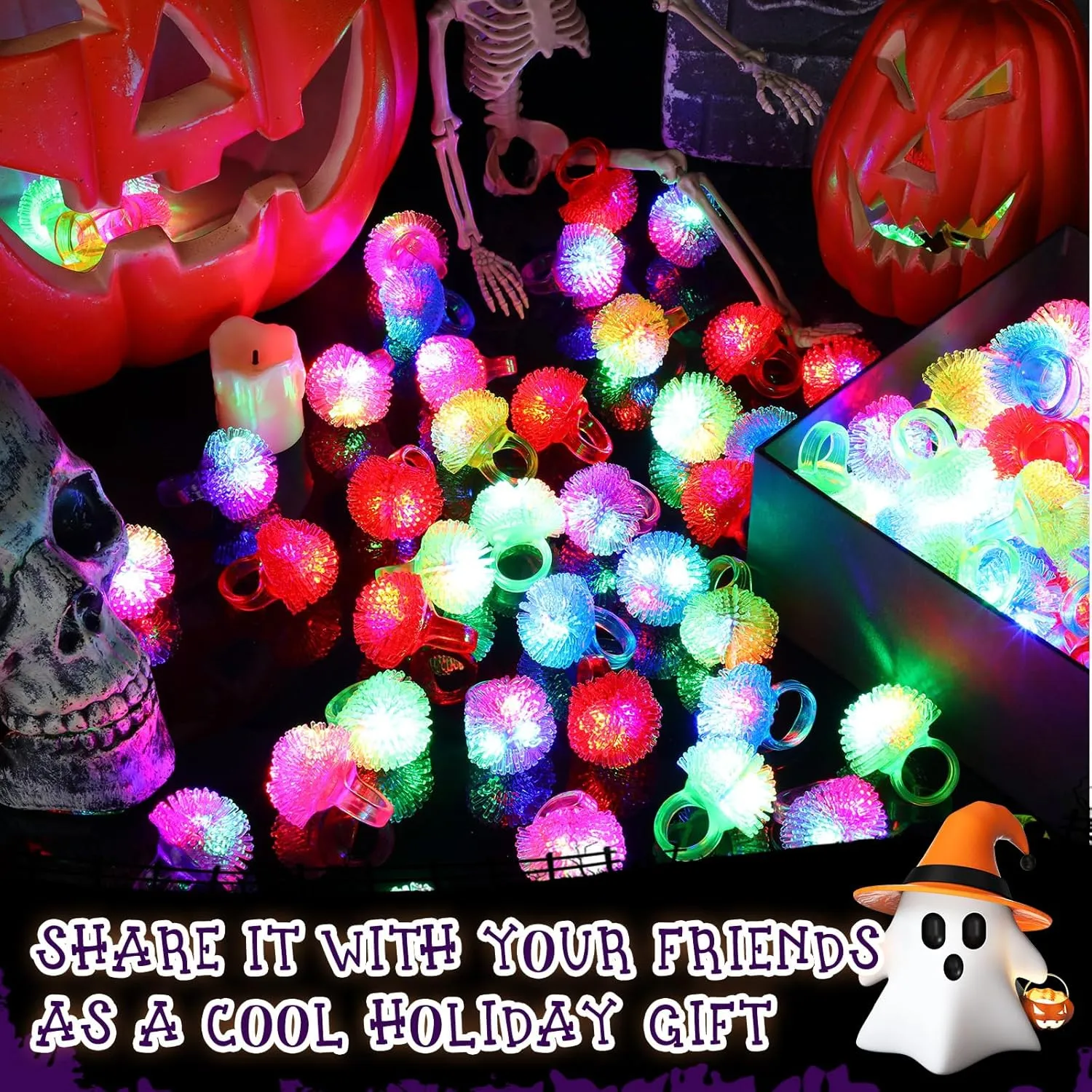 Leyndo 150 Pcs LED Light up Rings Bumpy Jelly Rubber Rings, Glow Ring LED Glow in The Dark Party Favors Finger Lights for Kids Birthday Christmas Party Supplies Concert Shows (Colorful Spiky Ball)