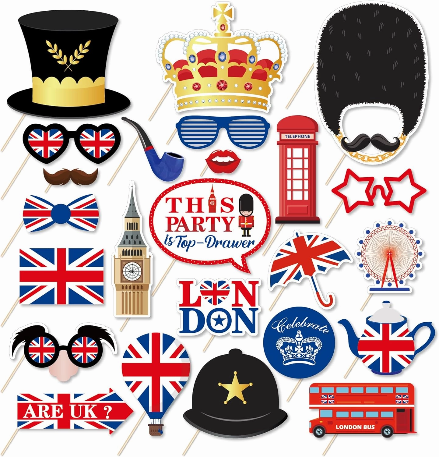 Lide Road 25Pcs British Photo Booth Props British National Day Party Decorations British Party Props UK England Selfie Props with Stick for London National Day Party Decorations