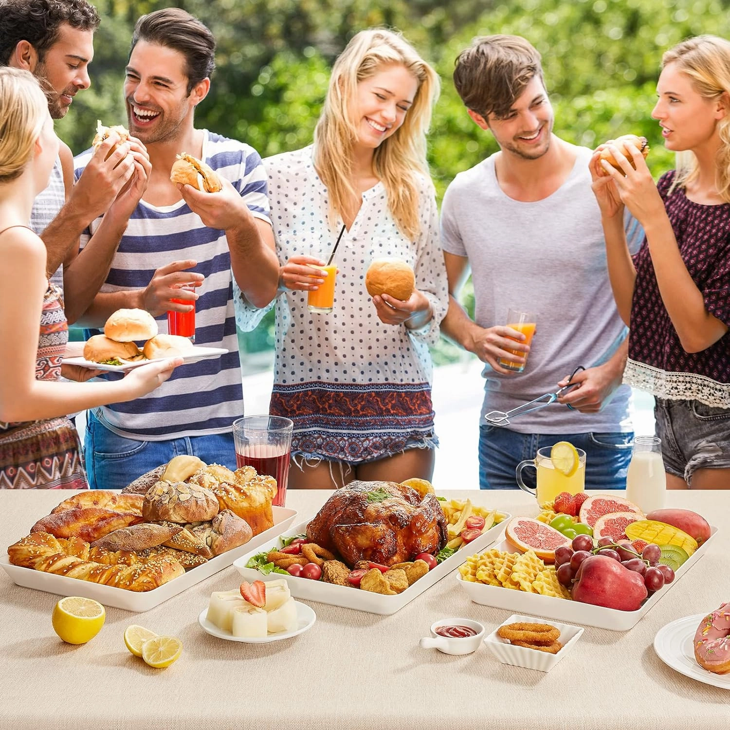 Lifewit Serving Tray Plastic for Party Supplies, 15" x 10" Platters for Serving Food, 3 pcs White Reusable Tray for Veggie, Snack, Fruit, Cookies, Desserts in Kitchen/Pantry Organization