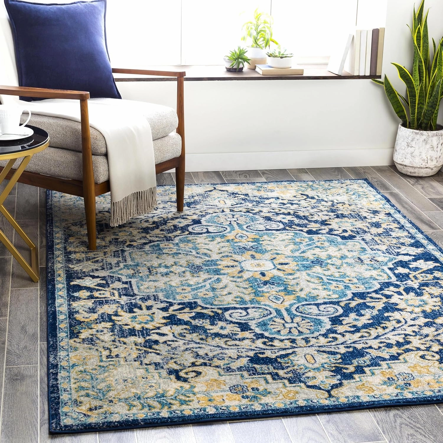 Livabliss Odelia Vintage Bohemian Area Rug,6'7" x 9',Navy/Sky Blue