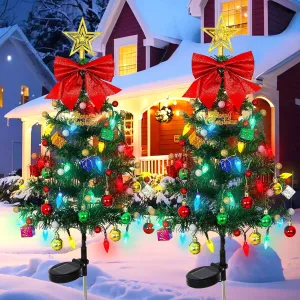 LOMOHOO 2 Packs Solar Christmas Tree 35.8in Outdoor Prelit Lighted Christmas Tree 2 Flashing Modes Solar Xmas Trees with 40 LED Lights for Holiday Porch Yard Garden Patio Cemetery Pathway