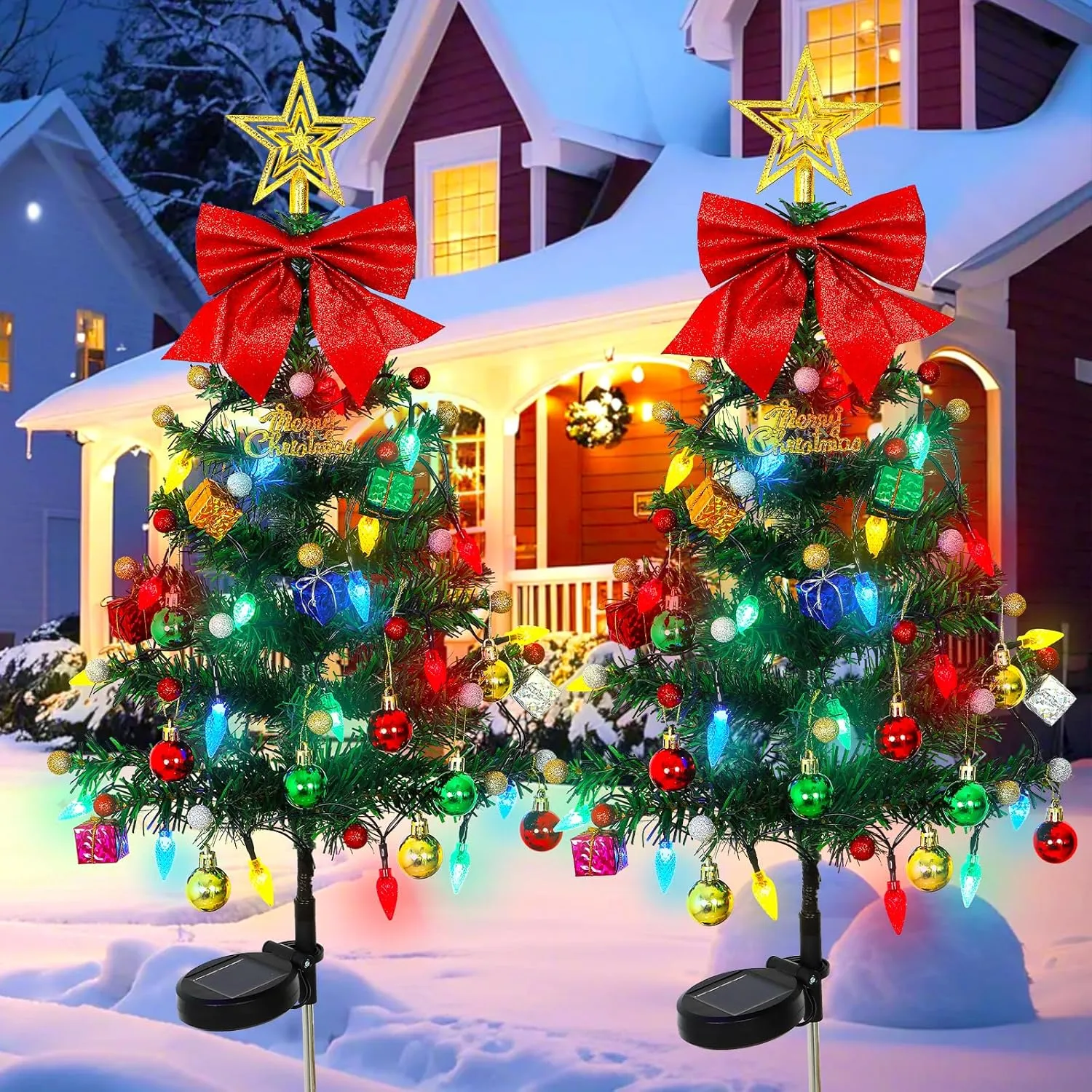 LOMOHOO 2 Packs Solar Christmas Tree 35.8in Outdoor Prelit Lighted Christmas Tree 2 Flashing Modes Solar Xmas Trees with 40 LED Lights for Holiday Porch Yard Garden Patio Cemetery Pathway