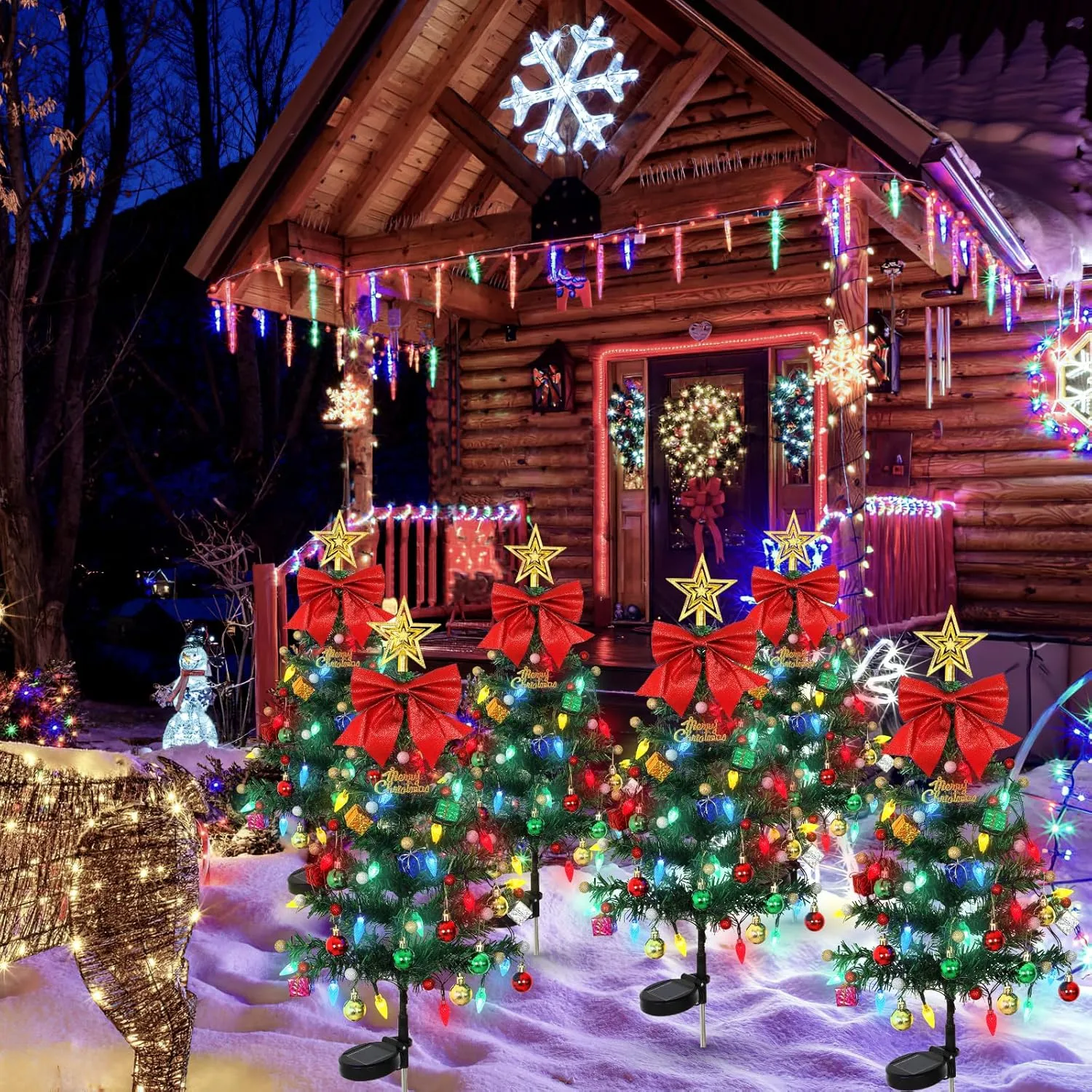 LOMOHOO 2 Packs Solar Christmas Tree 35.8in Outdoor Prelit Lighted Christmas Tree 2 Flashing Modes Solar Xmas Trees with 40 LED Lights for Holiday Porch Yard Garden Patio Cemetery Pathway