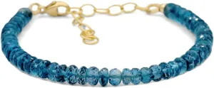 London Blue Topaz 6mm Rondelle Shape Faceted Cut Beads 7 inch Adjustable Gold Plated Clasp Bracelet for men, women, unisex. Link Chain Stacking Bracelet.|LW_LCBR_04533