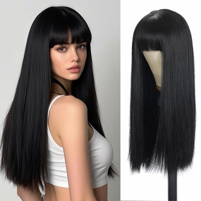 Long Black Wig 24Inch Black Wig With Bangs, Heat Resistant Fiber Layered Synthetic Wig For Cosplay Christmas Gifts Party Used