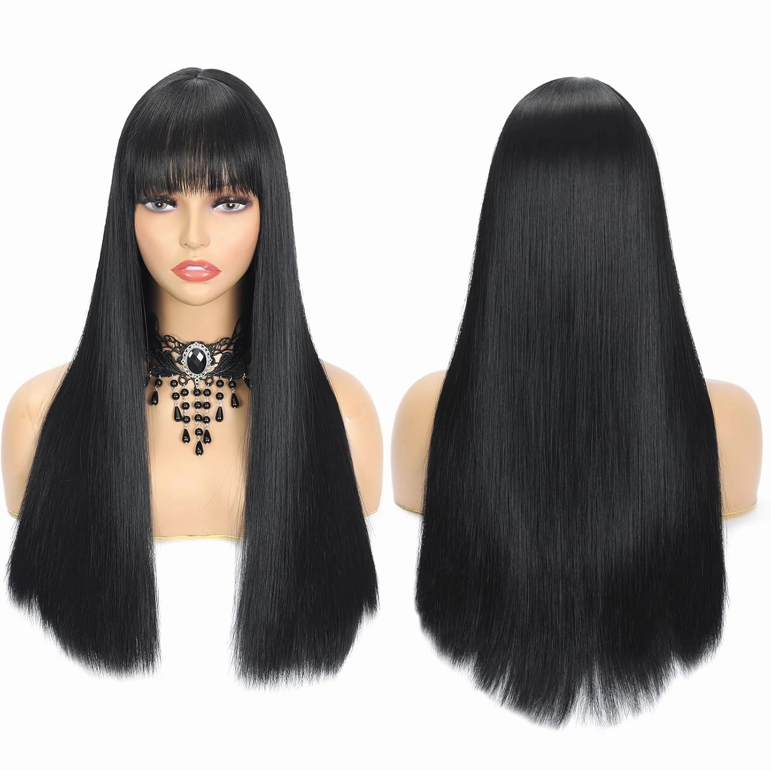 Long Black Wig 24Inch Black Wig With Bangs, Heat Resistant Fiber Layered Synthetic Wig For Cosplay Christmas Gifts Party Used