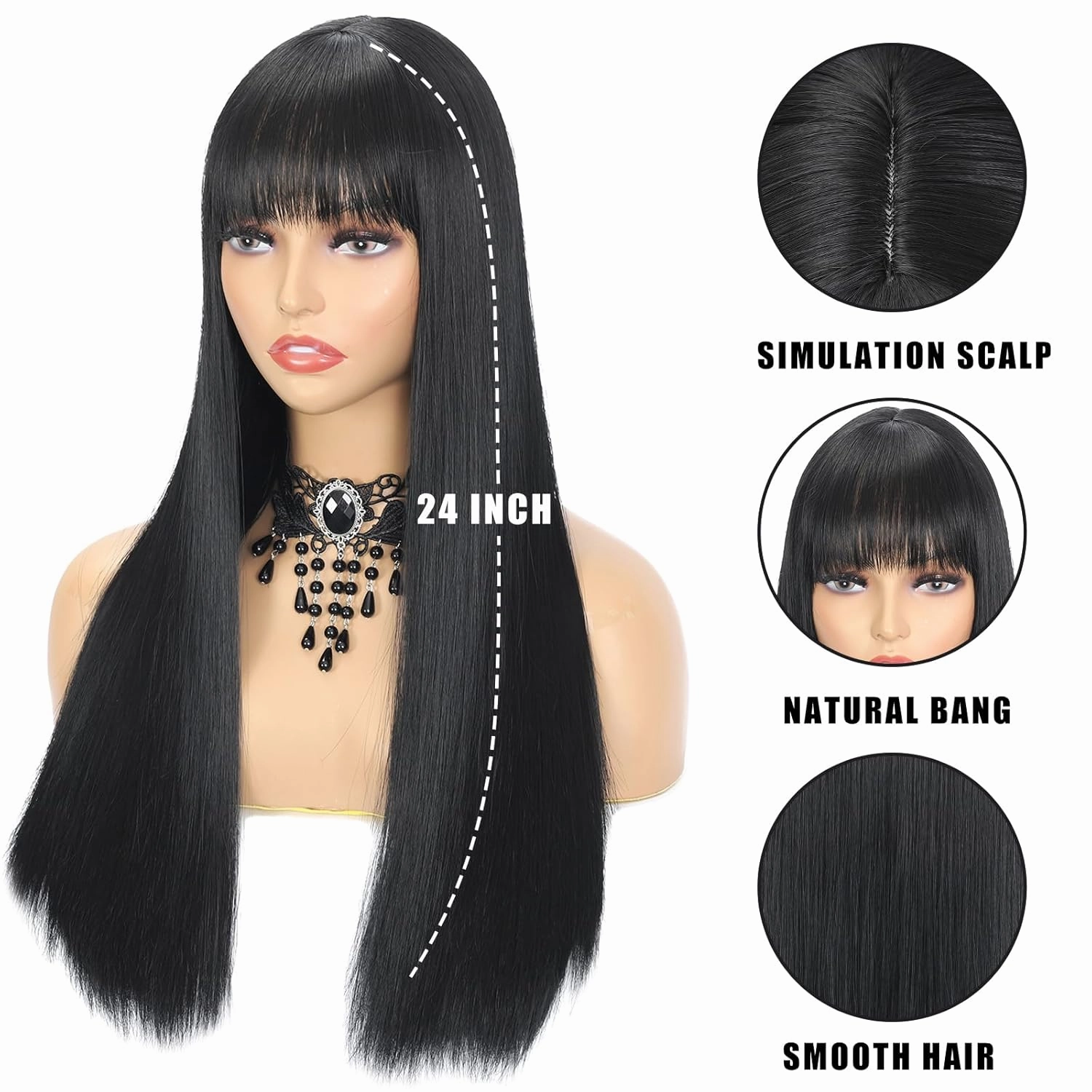 Long Black Wig 24Inch Black Wig With Bangs, Heat Resistant Fiber Layered Synthetic Wig For Cosplay Christmas Gifts Party Used