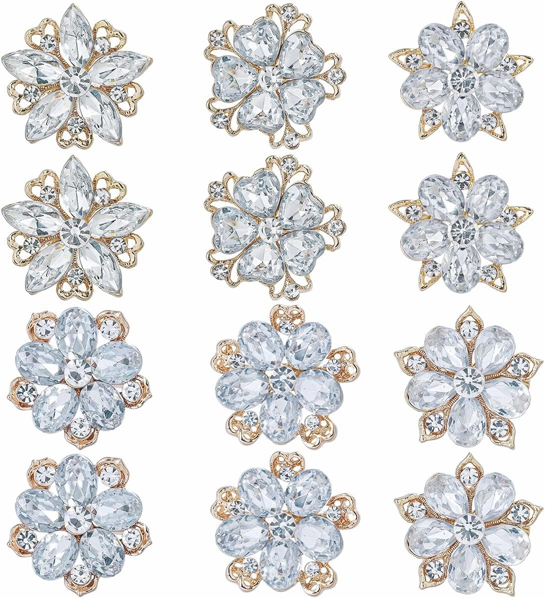 Lot 12pcs Assorted Crystal Rhinestone Flower Brooch Pin Set for Women DIY Bridal Wedding Bouquet Kit