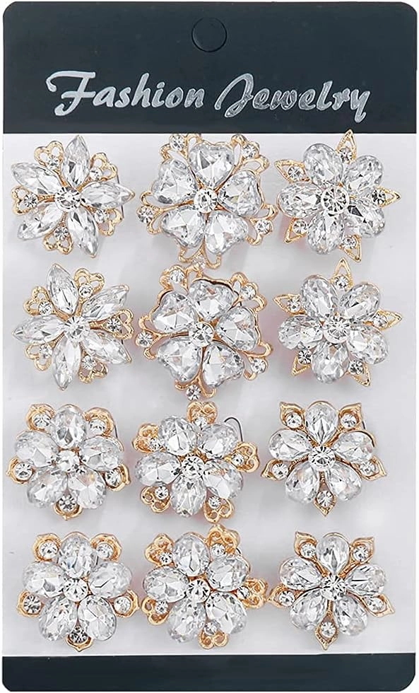 Lot 12pcs Assorted Crystal Rhinestone Flower Brooch Pin Set for Women DIY Bridal Wedding Bouquet Kit