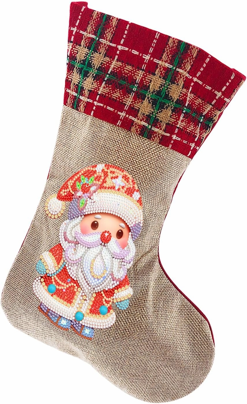 LUSandy DIY 5D Cute Santa Claus Diamond Painting Christmas Stockings 14 Inch Diamond Art Candy Bag Xmas Stocking Hanging Stockings for Fireplace Family Christmas Holiday Party Decoration