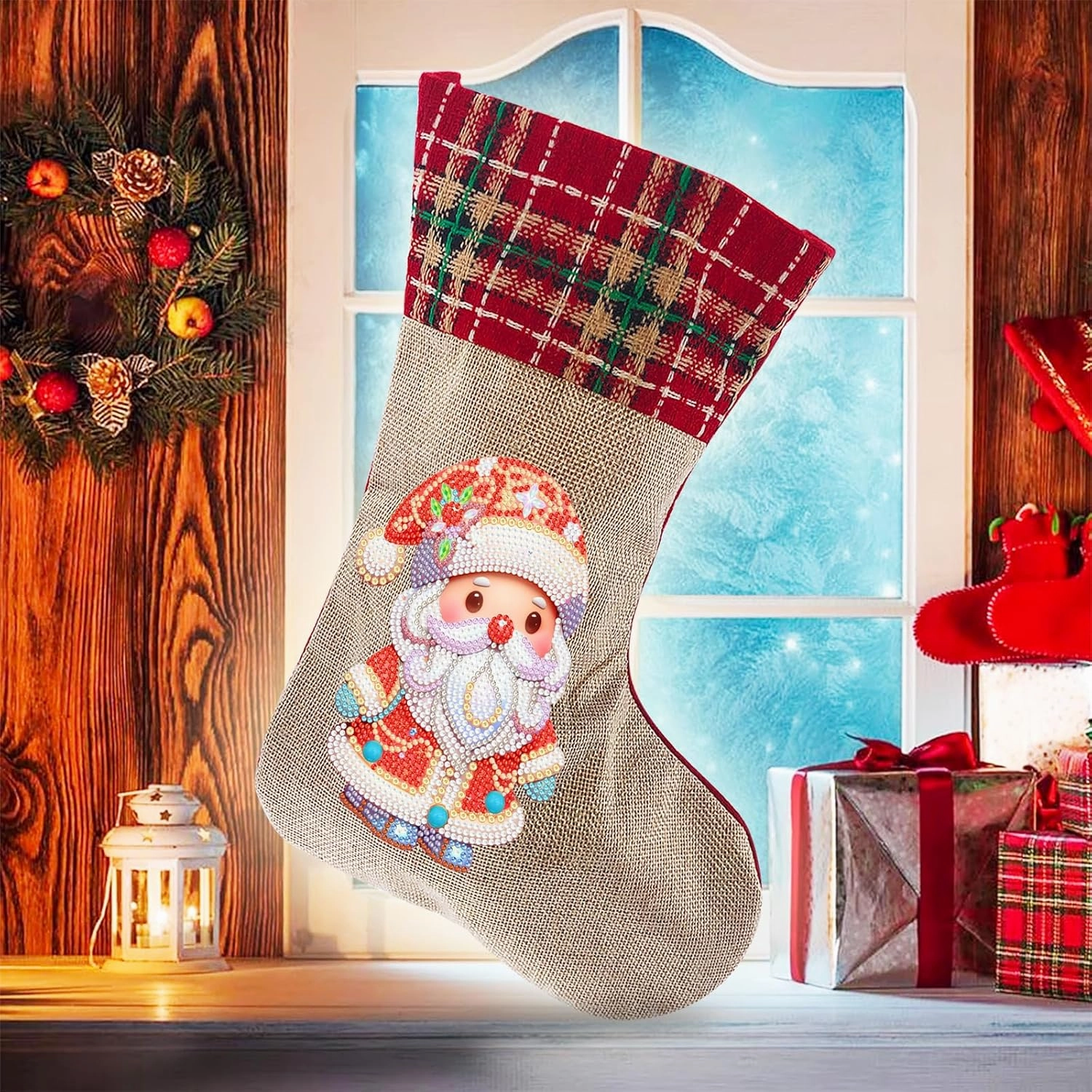 LUSandy DIY 5D Cute Santa Claus Diamond Painting Christmas Stockings 14 Inch Diamond Art Candy Bag Xmas Stocking Hanging Stockings for Fireplace Family Christmas Holiday Party Decoration