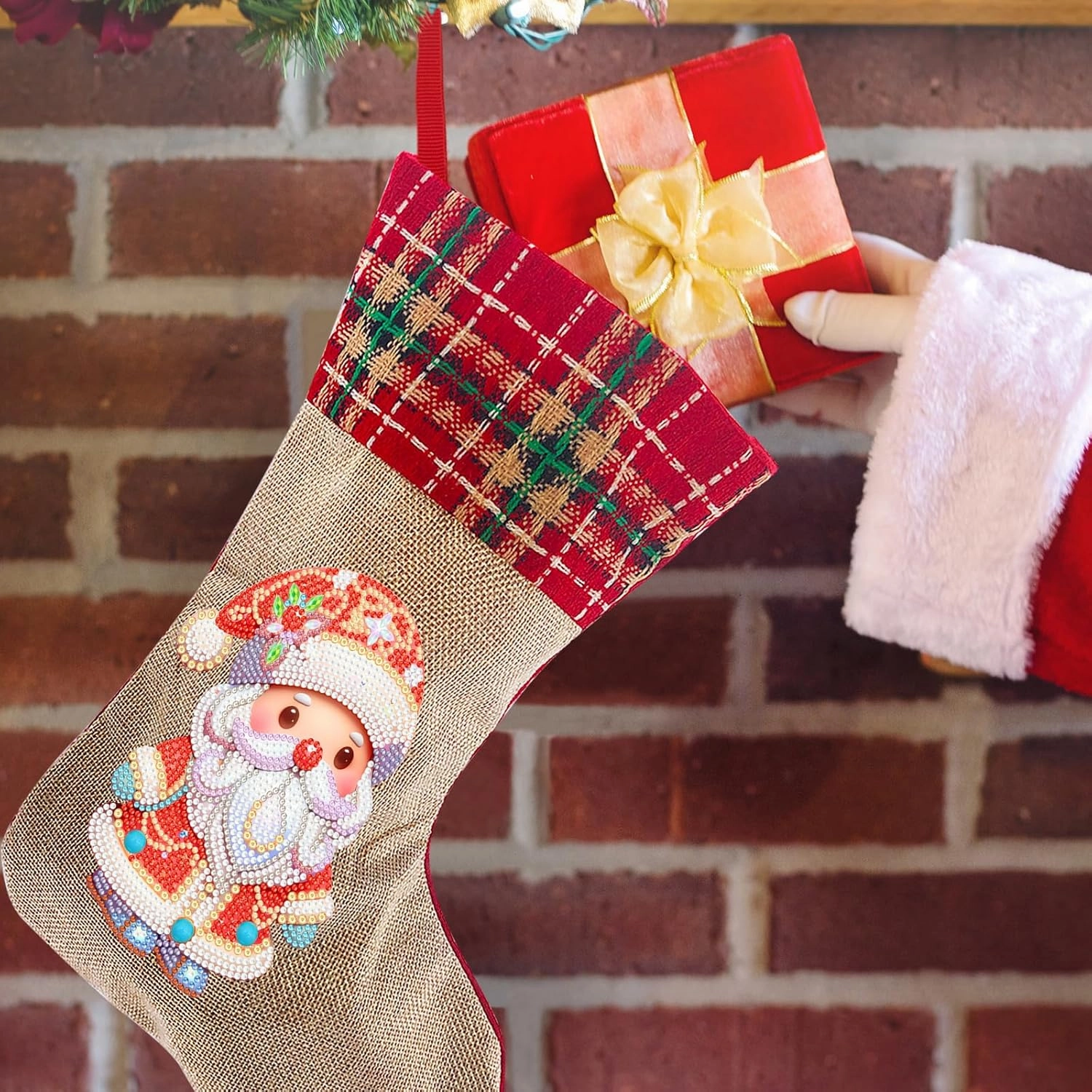 LUSandy DIY 5D Cute Santa Claus Diamond Painting Christmas Stockings 14 Inch Diamond Art Candy Bag Xmas Stocking Hanging Stockings for Fireplace Family Christmas Holiday Party Decoration