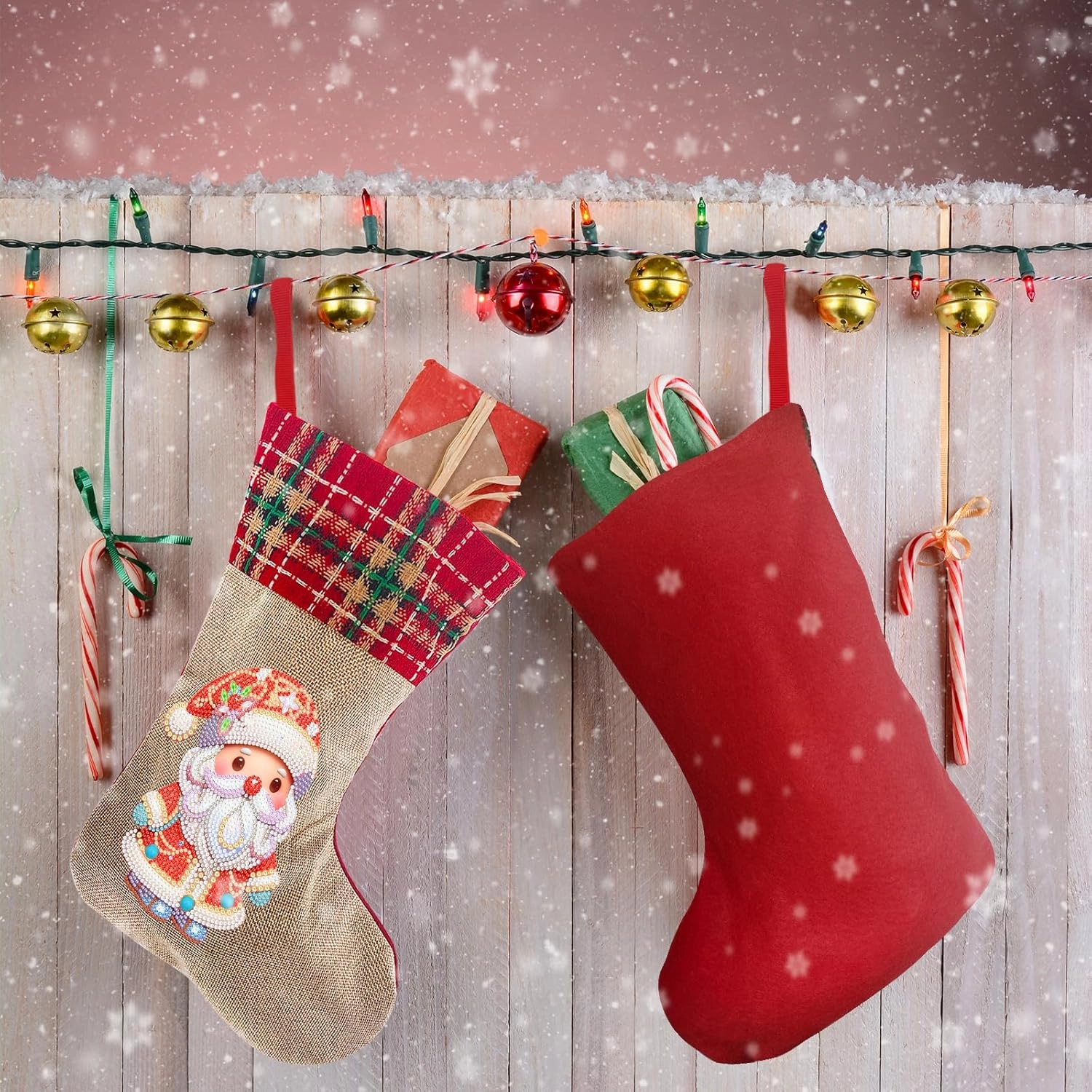 LUSandy DIY 5D Cute Santa Claus Diamond Painting Christmas Stockings 14 Inch Diamond Art Candy Bag Xmas Stocking Hanging Stockings for Fireplace Family Christmas Holiday Party Decoration