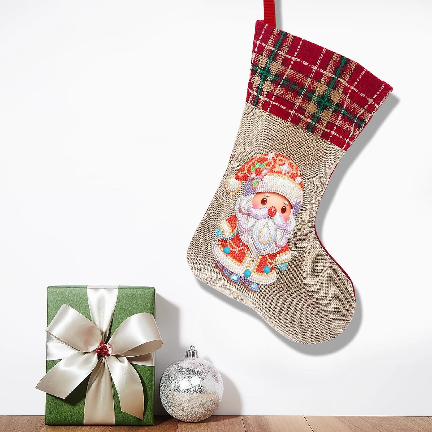 LUSandy DIY 5D Cute Santa Claus Diamond Painting Christmas Stockings 14 Inch Diamond Art Candy Bag Xmas Stocking Hanging Stockings for Fireplace Family Christmas Holiday Party Decoration
