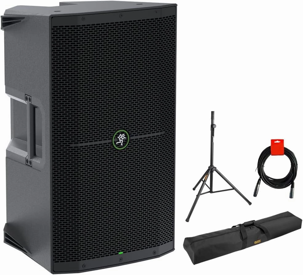 Mackie Thump212XT 1400W 12" Powered PA Loudspeaker System (DSP and Bluetooth) Bundle with Auray Speaker Stand and 51" Stand Bag Plus 20" XLR-XLR Cable